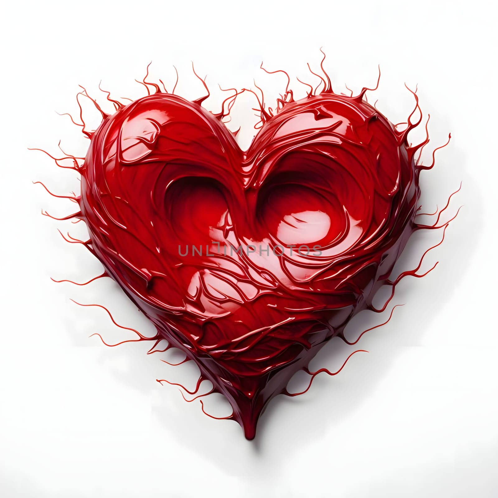 Red heart with glossy, roots on it white isolated background. Banner with space for your own content. Heart as a symbol of affection and love. The time of falling in love and love.