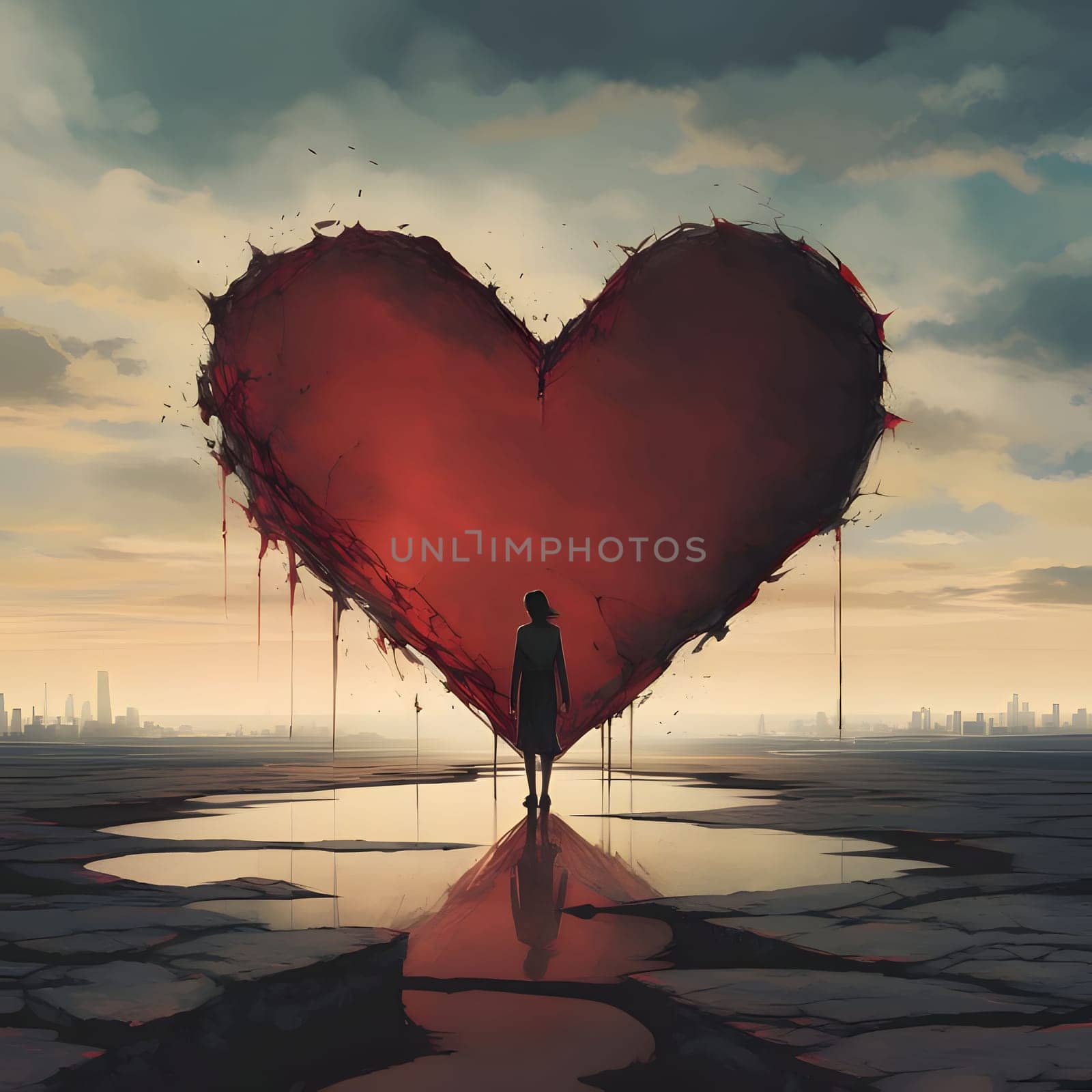 Cracked earth, silhouette of a woman standing in front of a large heart in the distance outlines of city skyscrapers. Heart as a symbol of affection and love. The time of falling in love and love.