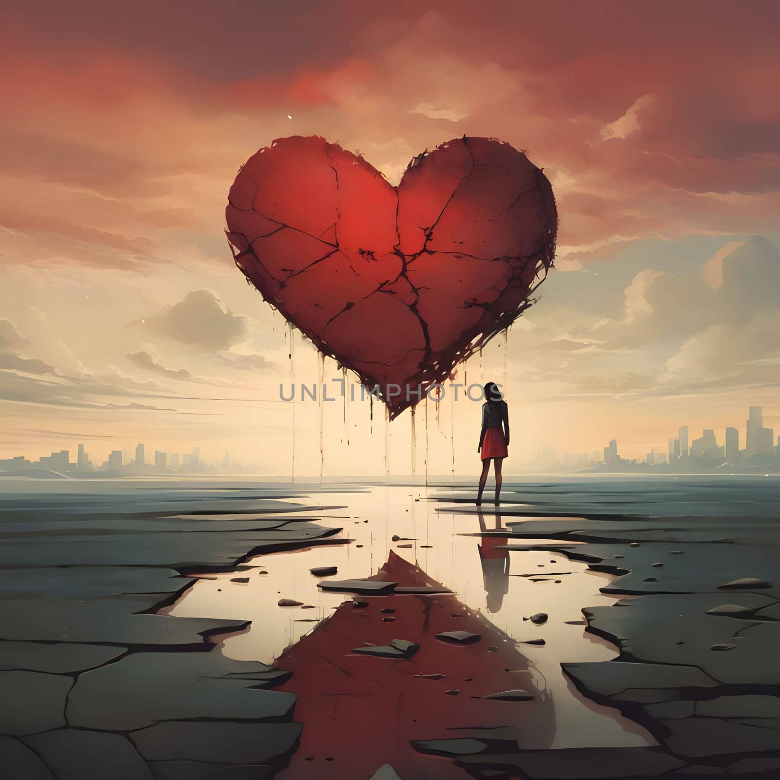 Cracked earth, silhouette of a woman standing in front of a large heart in the distance outlines of city skyscrapers. Heart as a symbol of affection and love. The time of falling in love and love.