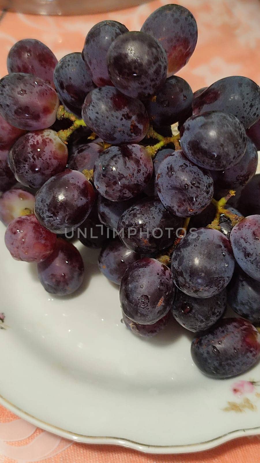 red dark grapes fruit on a plate by Ply