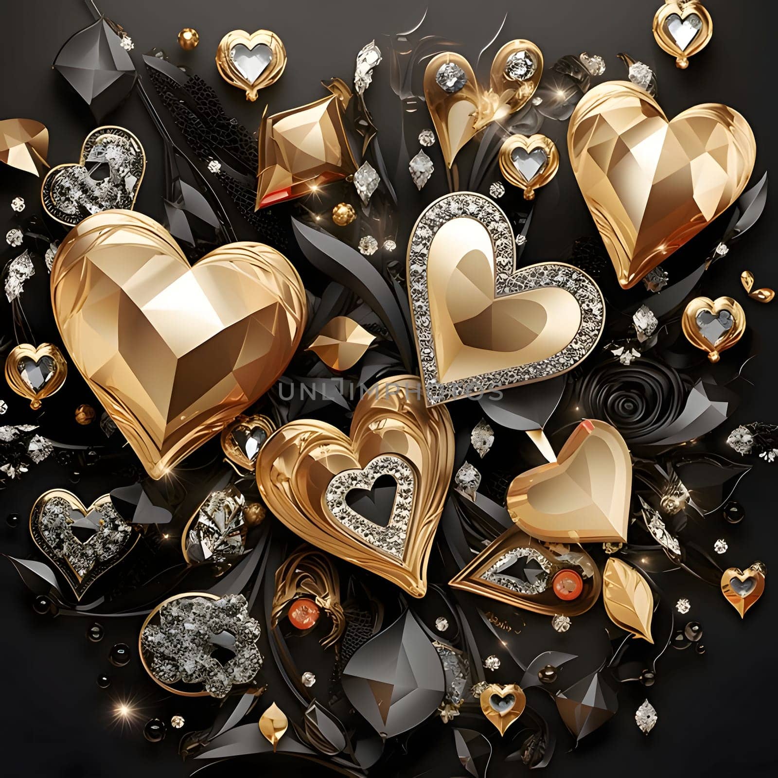 Top view of gold and silver various kinds of hearts, diamonds, jewels. Heart as a symbol of affection and love. The time of falling in love and love.