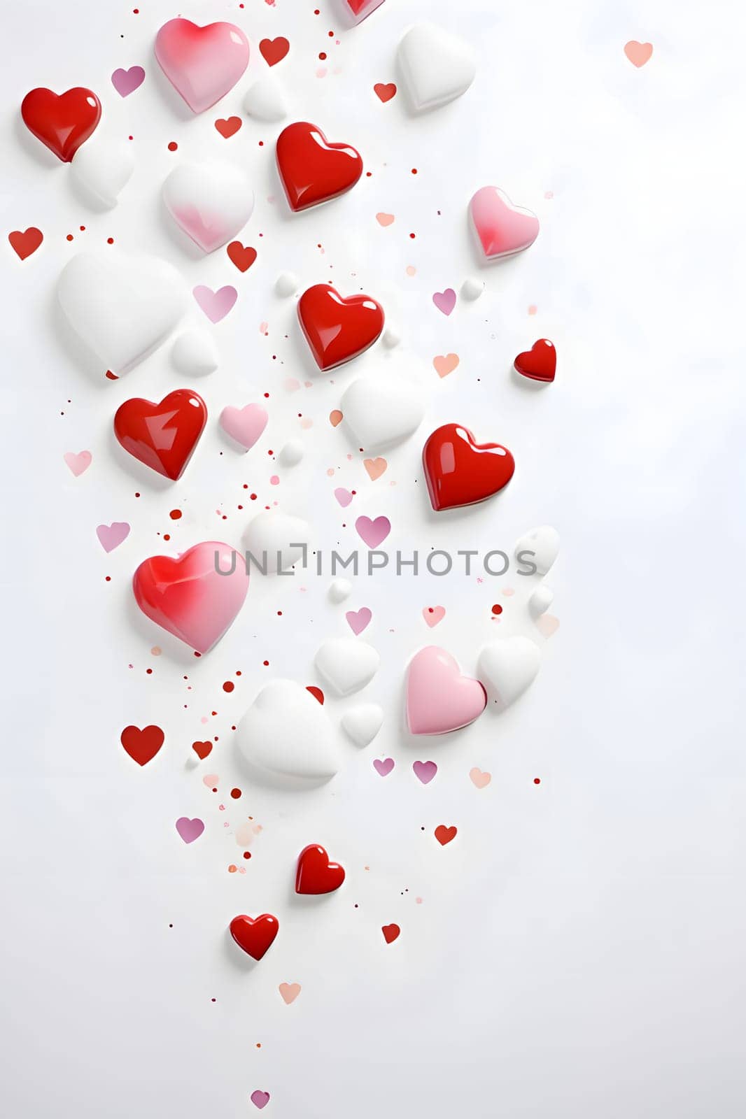 Colorful red, pink white hearts on a white background scattered. Heart as a symbol of affection and love. The time of falling in love and love.