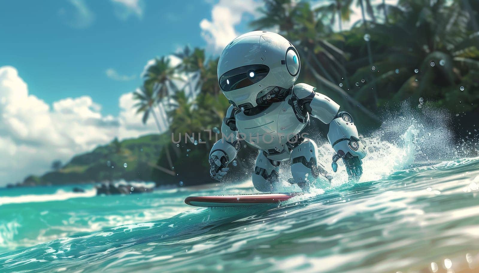 A robot is surfing on a surfboard in the ocean by AI generated image.