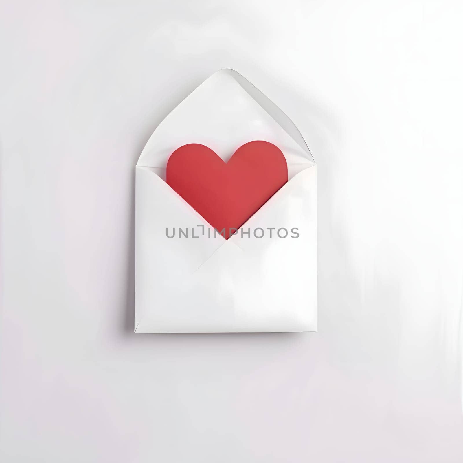 White envelope with a red heart in the middle. Heart as a symbol of affection and love. The time of falling in love and love.