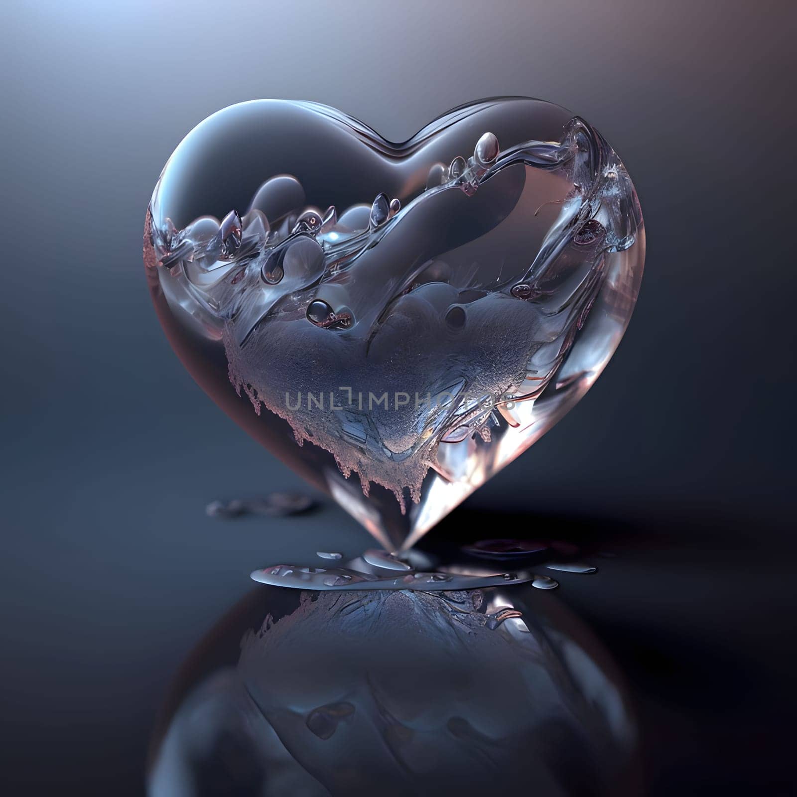 Heart formulated from frozen water for mirror drinking. Heart as a symbol of affection and love. The time of falling in love and love.