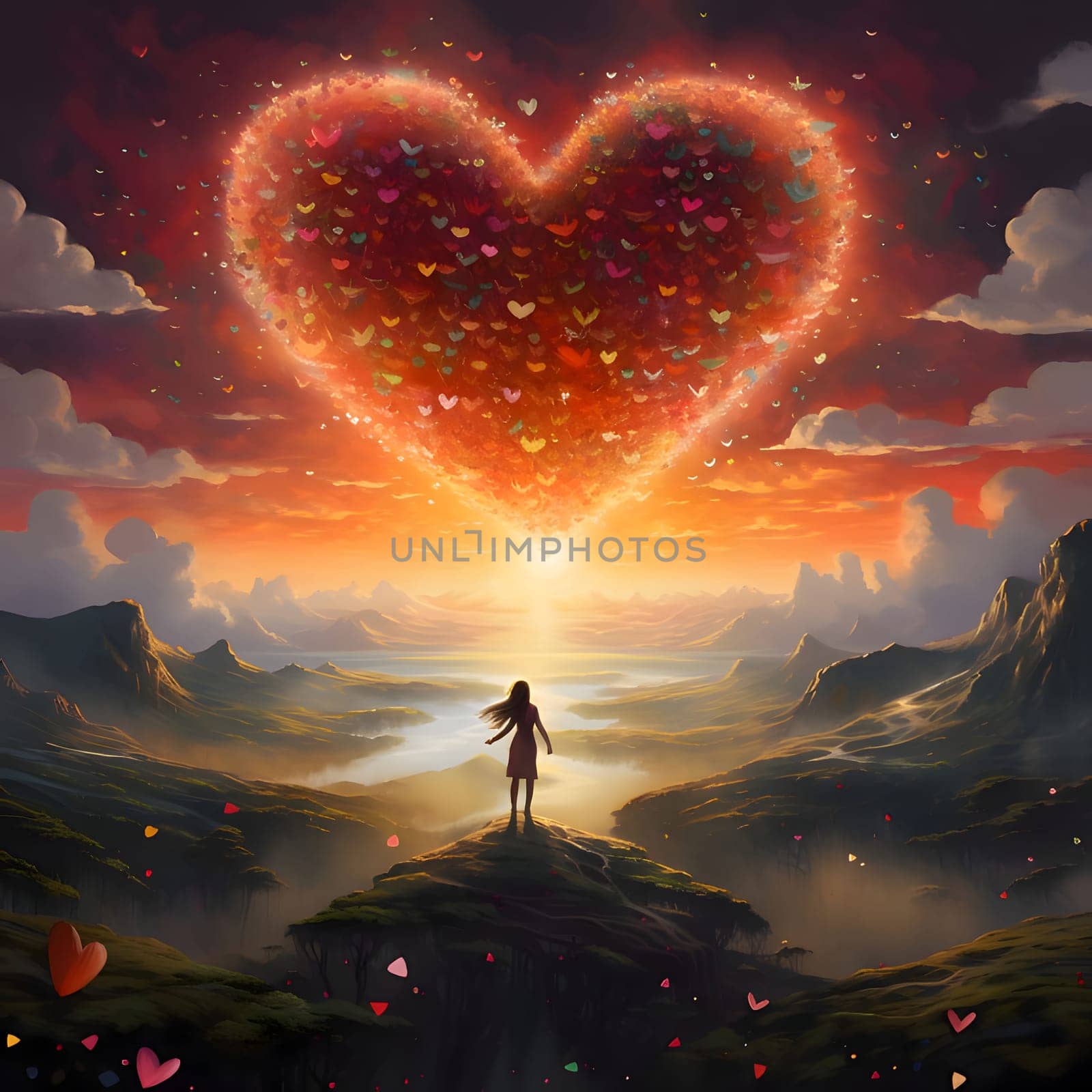 Illustration of a silhouette of a woman at the top of a mountain observing a large heart of light in the sky from small colored hearts. Heart as a symbol of affection and love. by ThemesS