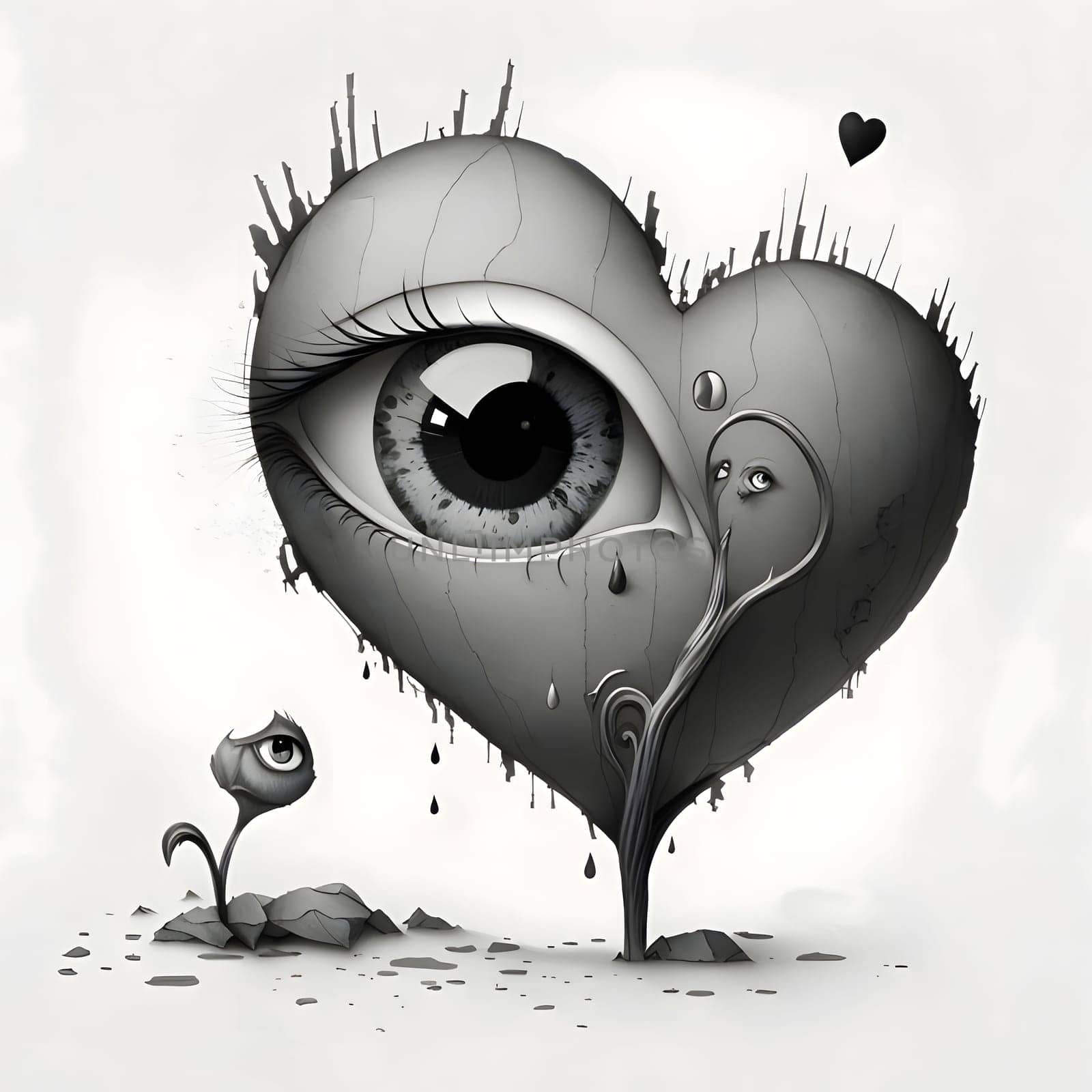 Heart as a large eye and a small flower, small eye, white background. Heart as a symbol of affection and love. The time of falling in love and love.