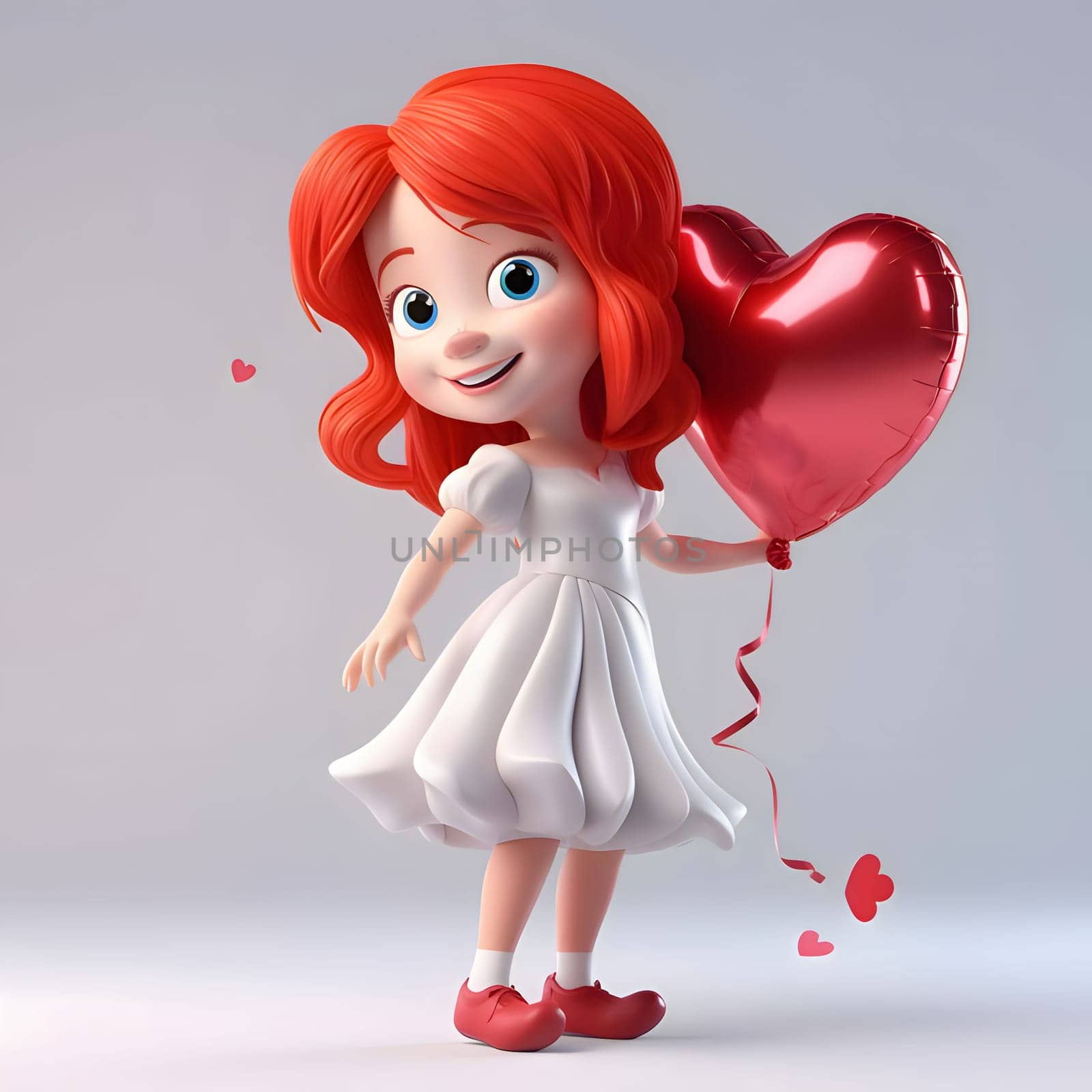 Illustration of a little girl or having a red balloon in the shape of a heart. Heart as a symbol of affection and love. The time of falling in love and love.