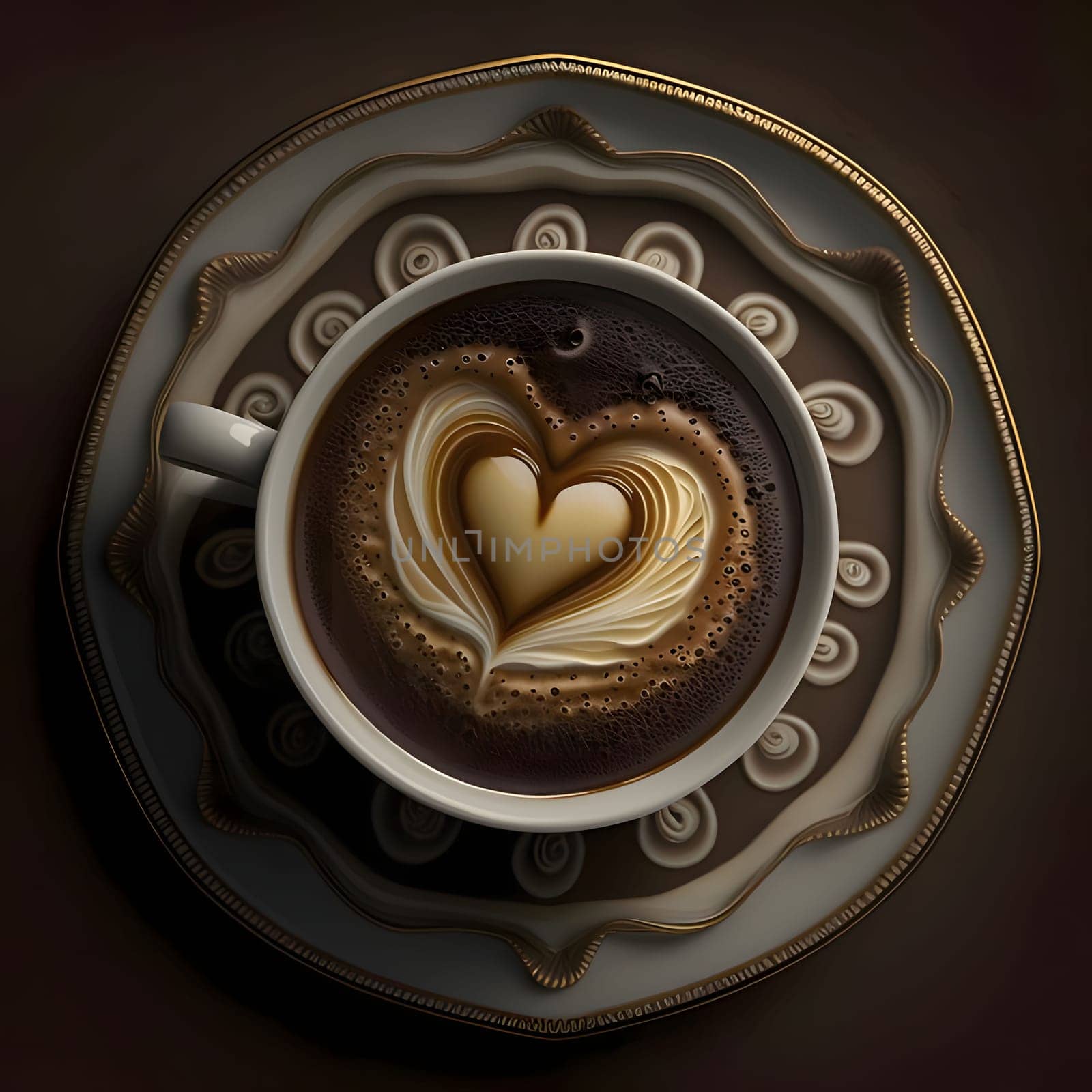 Top view of a cup of coffee with a painted heart. Heart as a symbol of affection and love. The time of falling in love and love.