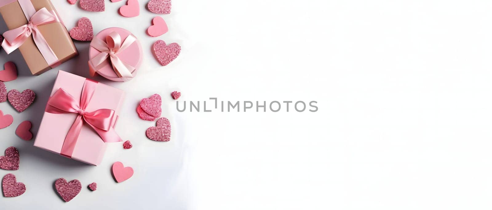 Top view of gifts with pink bows and pink hearts.Valentine's Day banner with space for your own content. White background color. Blank field for the inscription. Heart as a symbol of affection and love.