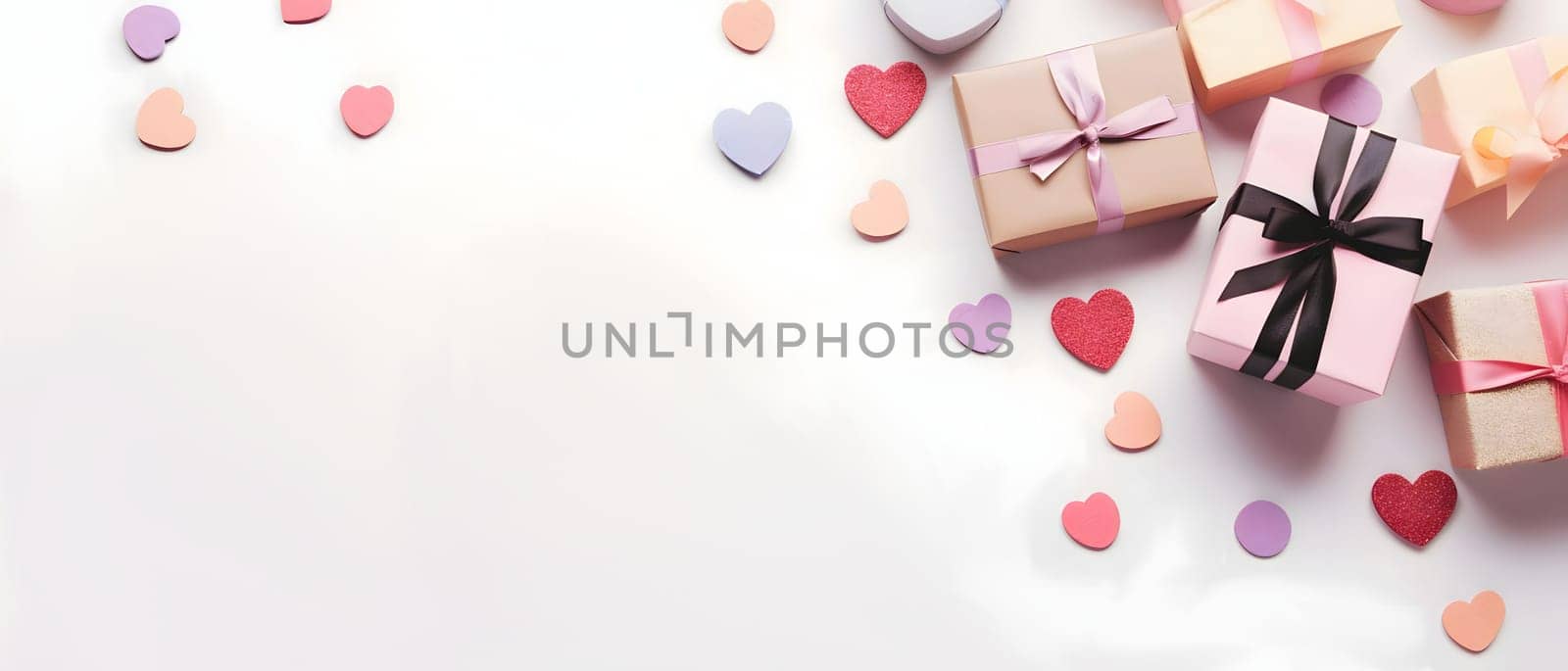 Top view of gifts with pink bows and colorful hearts.Valentine's Day banner with space for your own content. White background color. Blank field for the inscription. by ThemesS