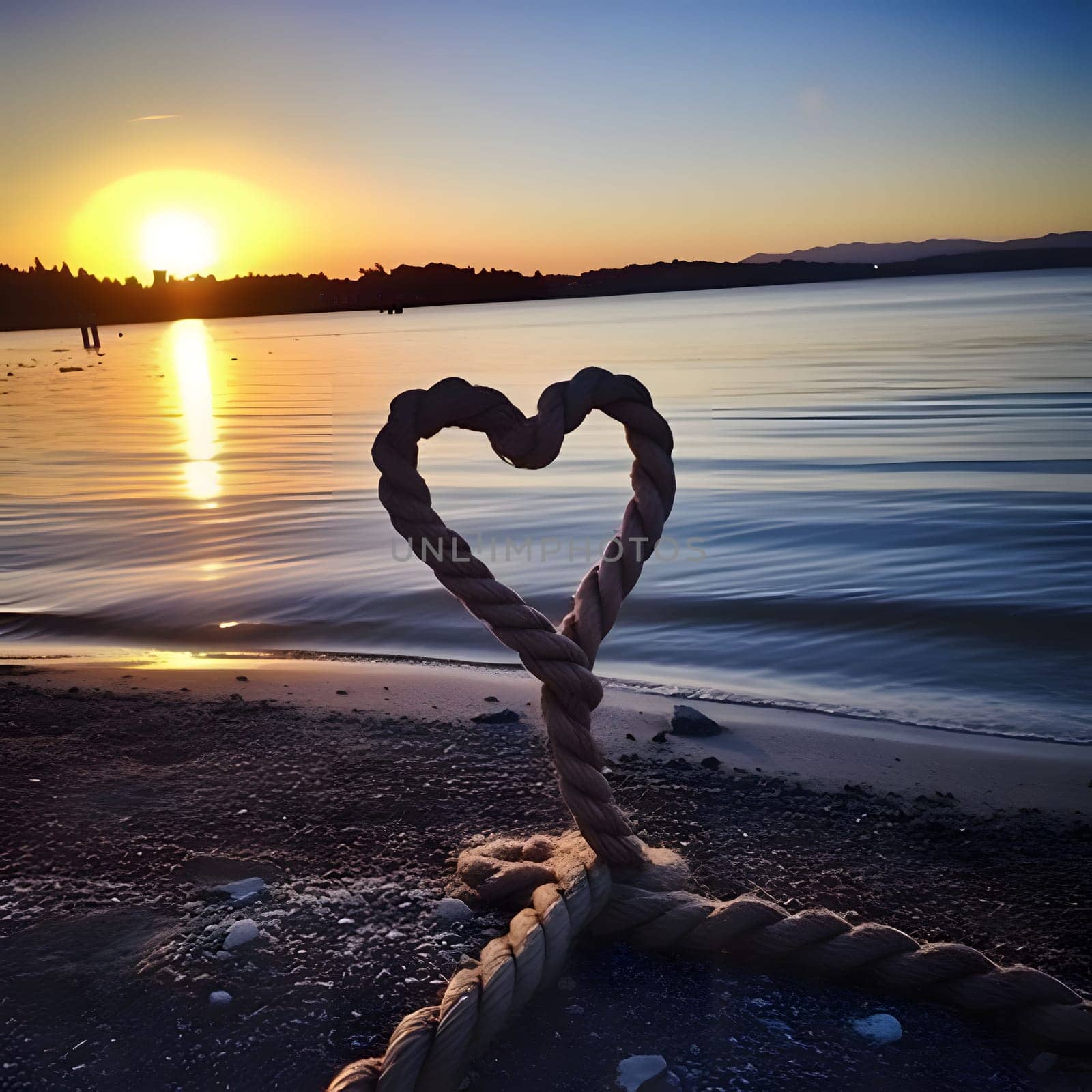 Thick rope on the beach braided in the shape of a heart, in the background the sea, the setting sun. Heart as a symbol of affection and love. by ThemesS