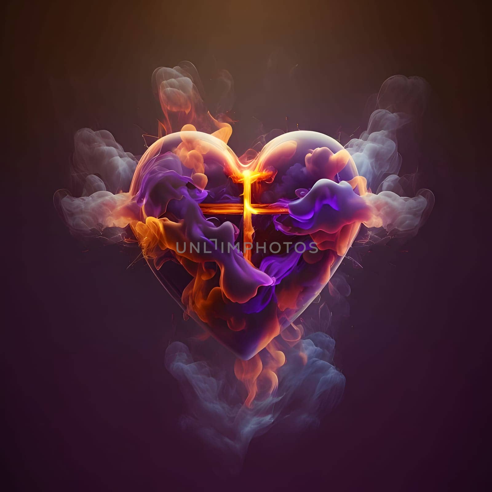Heart formed from colored steam, smoke in the middle of a bright Cross. Heart as a symbol of affection and love. The time of falling in love and love.