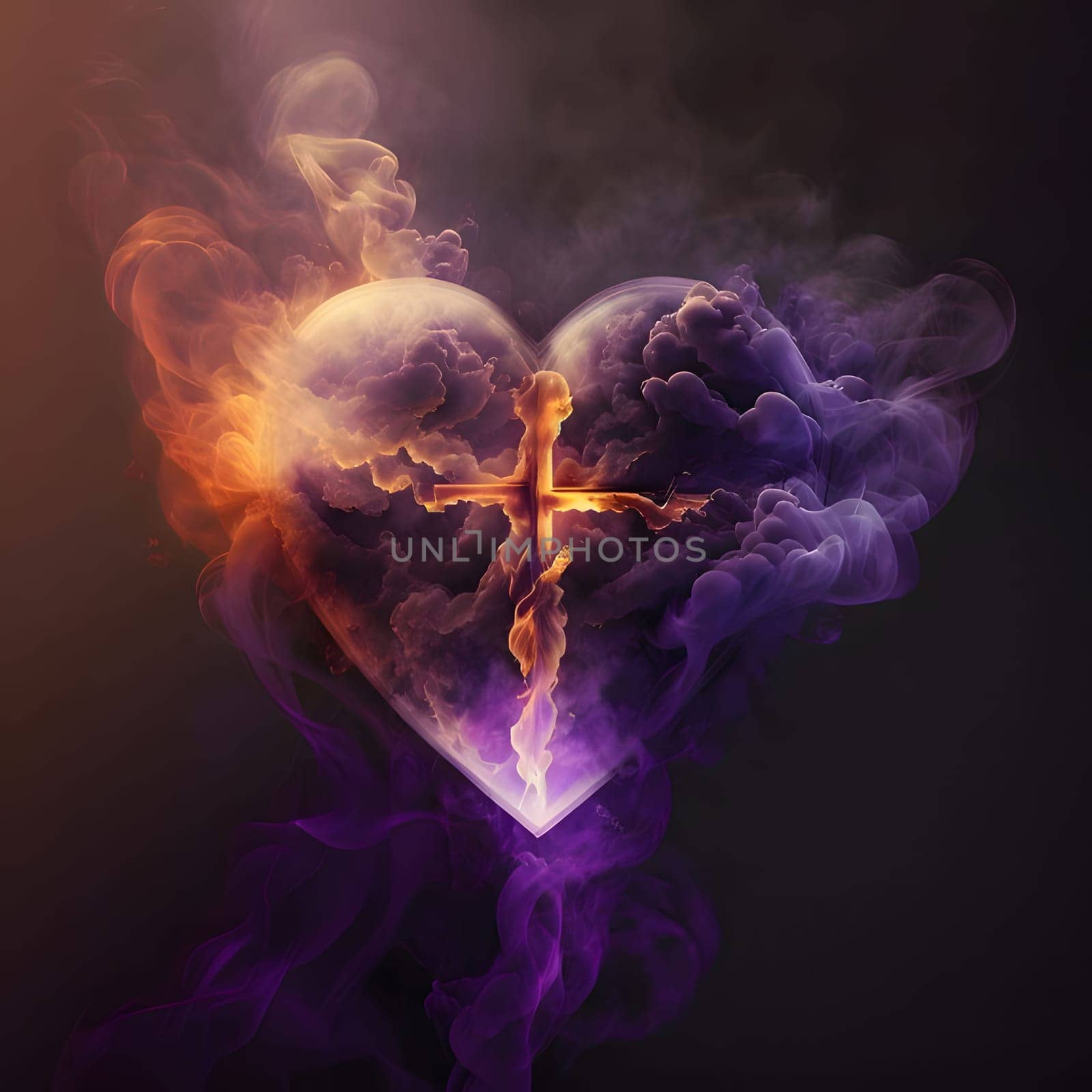 Heart formed from colored steam, smoke in the middle of a bright Cross. Heart as a symbol of affection and love. by ThemesS