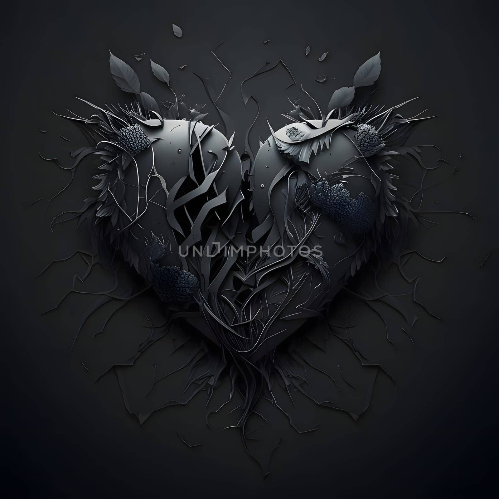 Black, dark heart with vines on a dark background. Heart as a symbol of affection and love. The time of falling in love and love.