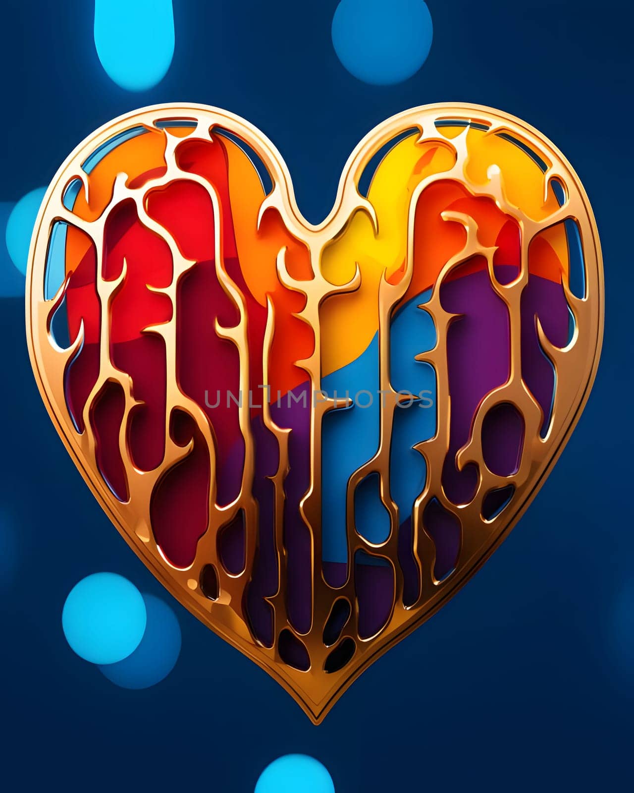 Colorful, rainbow, heart with waves, abstract composition, golden stripes. Heart as a symbol of affection and love. The time of falling in love and love.