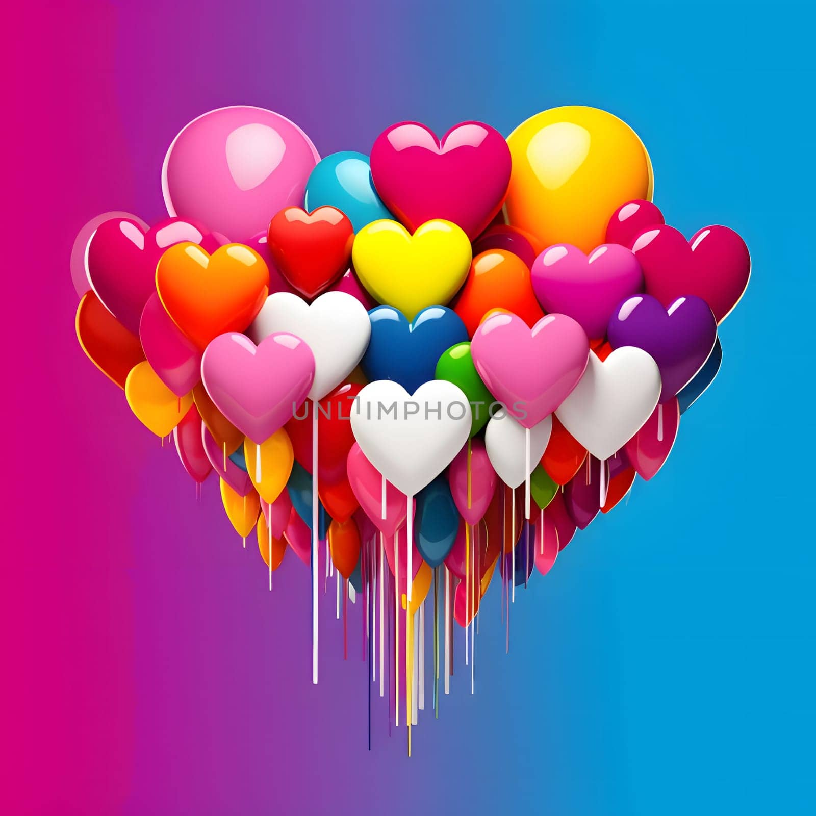 Rainbow colored heart-shaped balloons abstract composition. Heart as a symbol of affection and love. The time of falling in love and love.