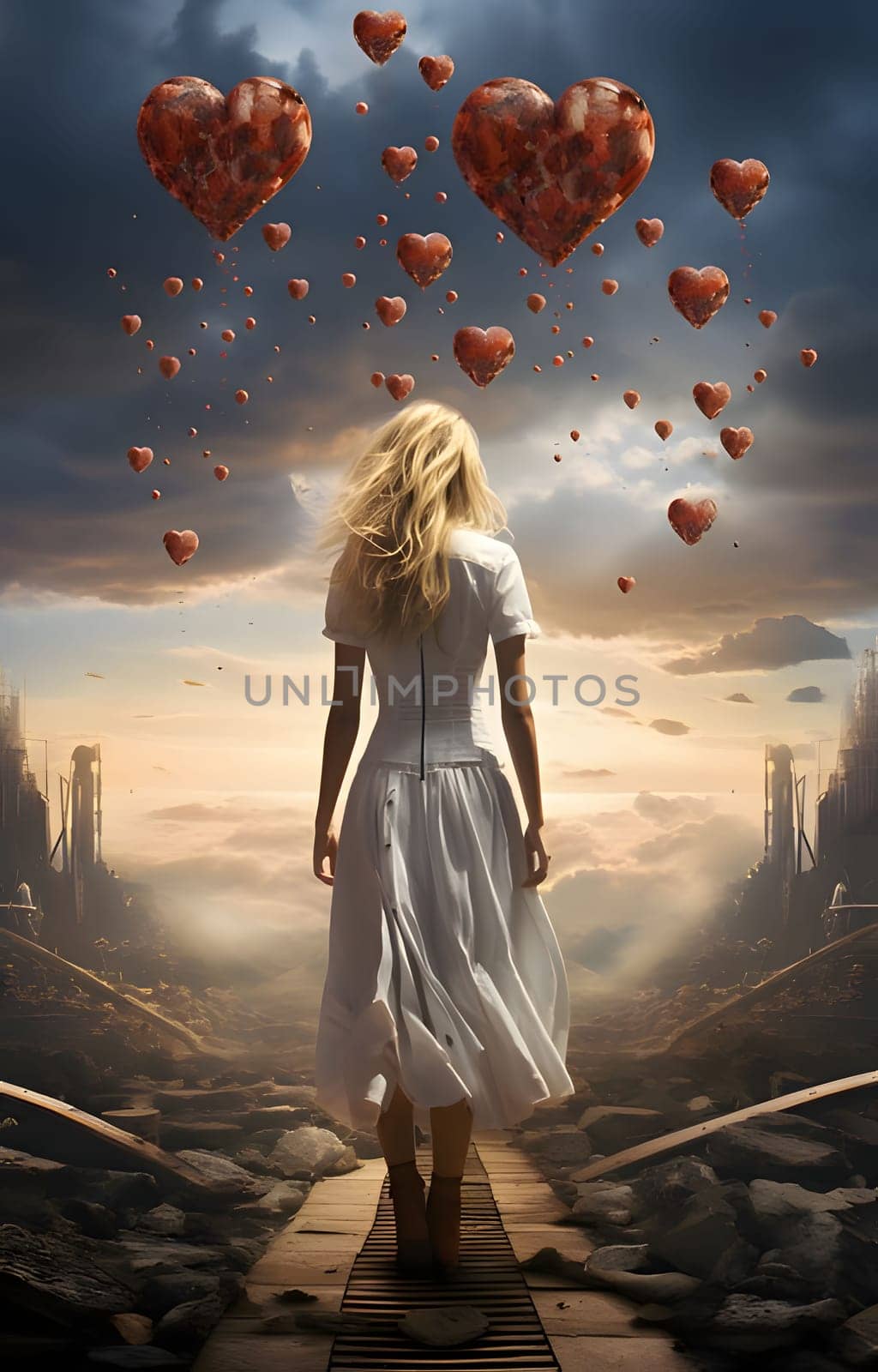 Blond woman in a long white dress around the destruction of civilization in front of her in the sky red hearts. Heart as a symbol of affection and love. The time of falling in love and love.
