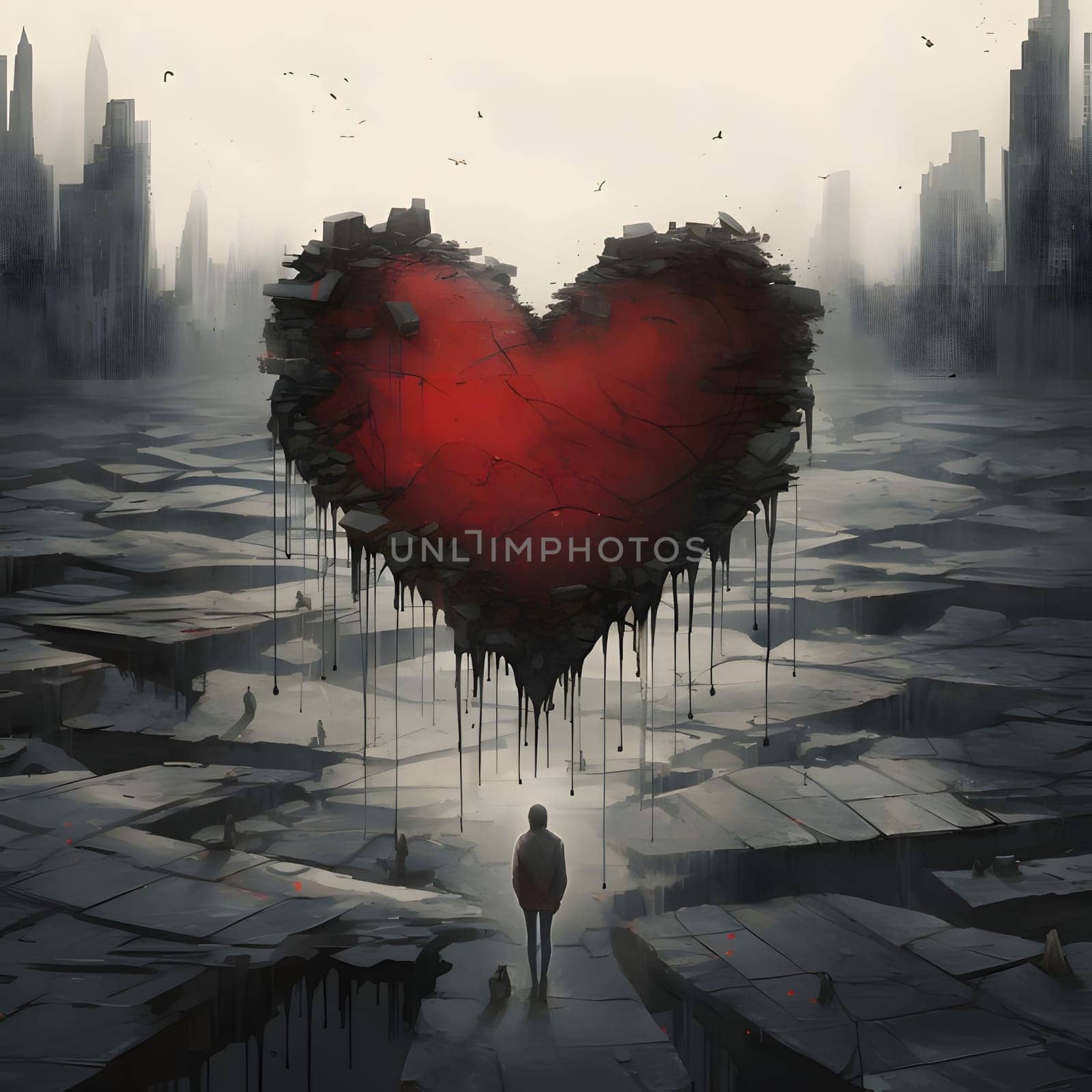 Silhouette of a man around cracked earth in the background destroyed urban skyscrapers in the middle a big red heart. Heart as a symbol of affection and love. The time of falling in love and love.