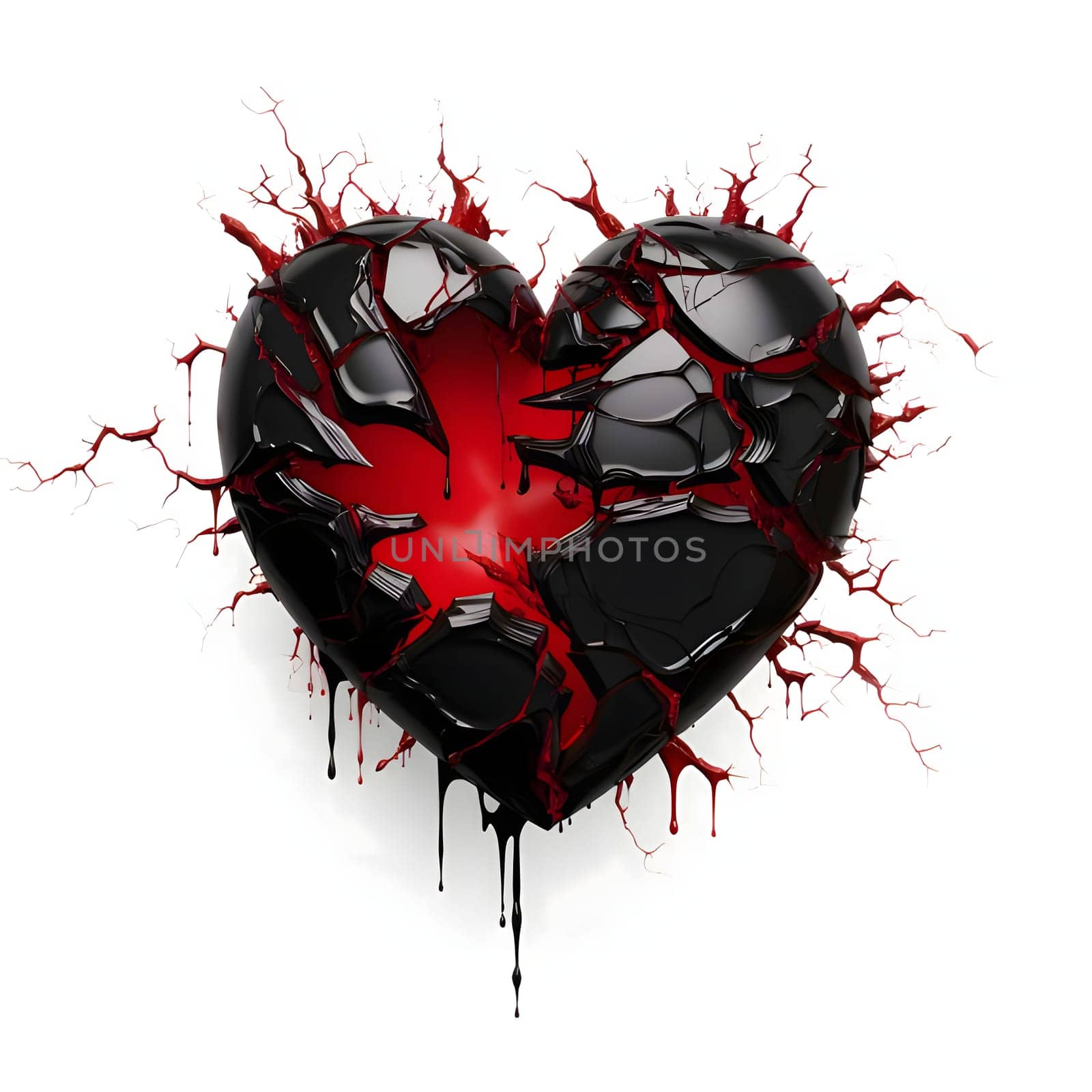 Red heart with black cracks paint watercolor white isolated background. Heart as a symbol of affection and love. The time of falling in love and love.