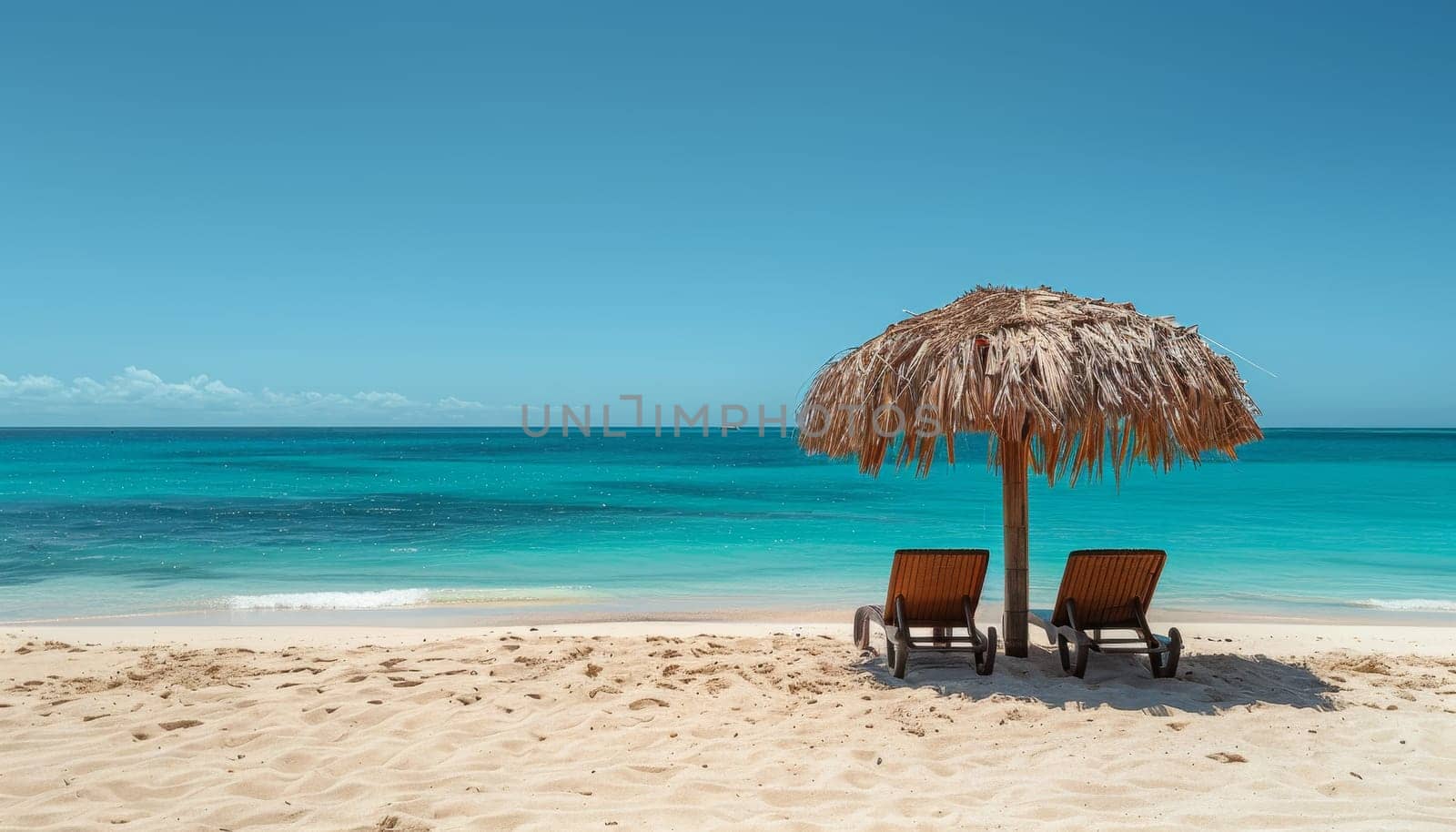 A beach scene with two beach chairs and a beach umbrella by AI generated image by wichayada