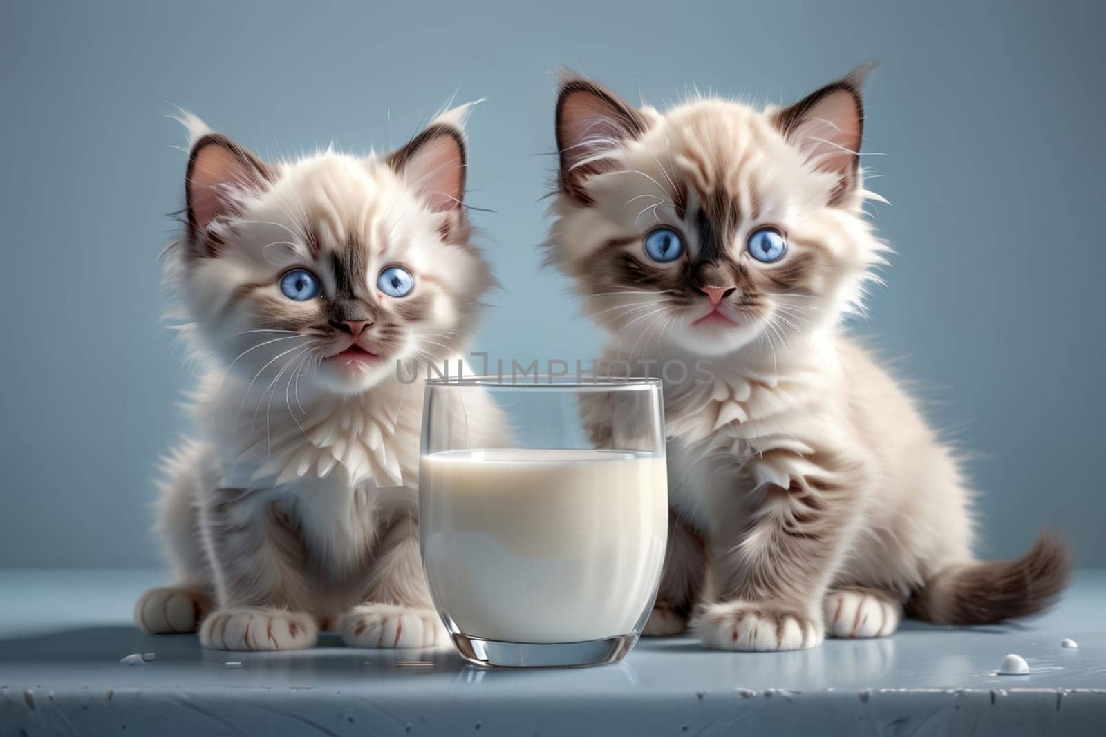 cute Ragdoll kitten and fresh milk in a glass, isolated on a blue background by Rawlik