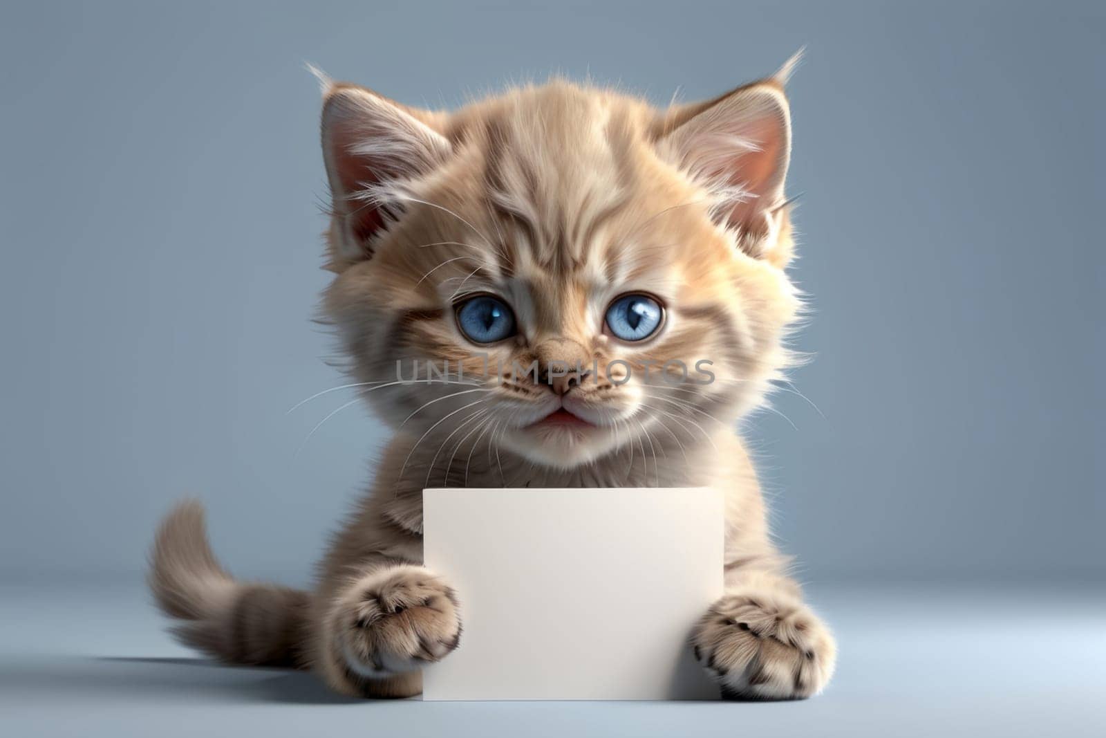 cute kitten with a pure form for text, isolated on a light blue background .