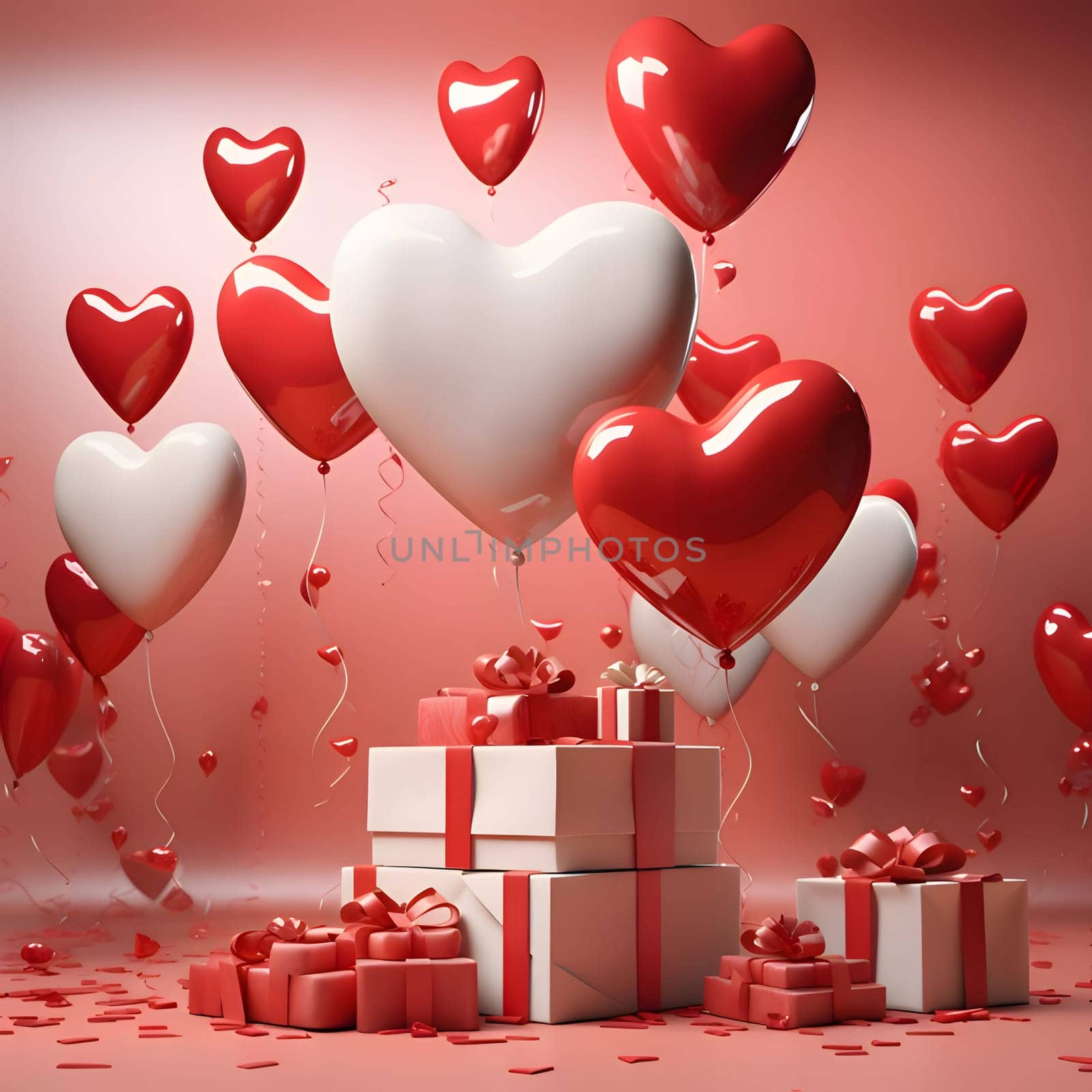 Gifts with red bows around red hearts and white and pink heart-shaped balloons. Heart as a symbol of affection and love. The time of falling in love and love.