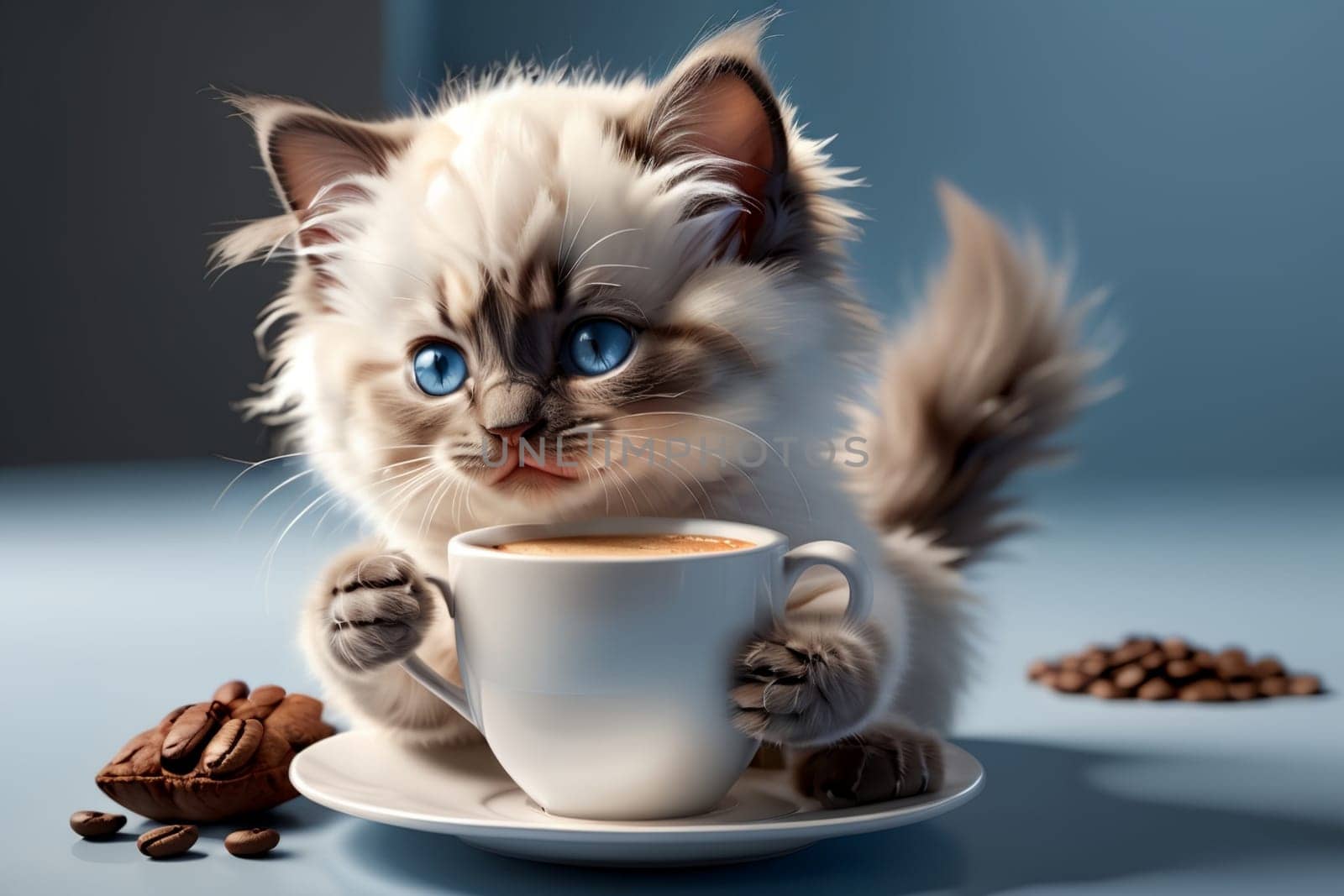 Beautiful young kitten Ragdoll with a cup of hot coffee .