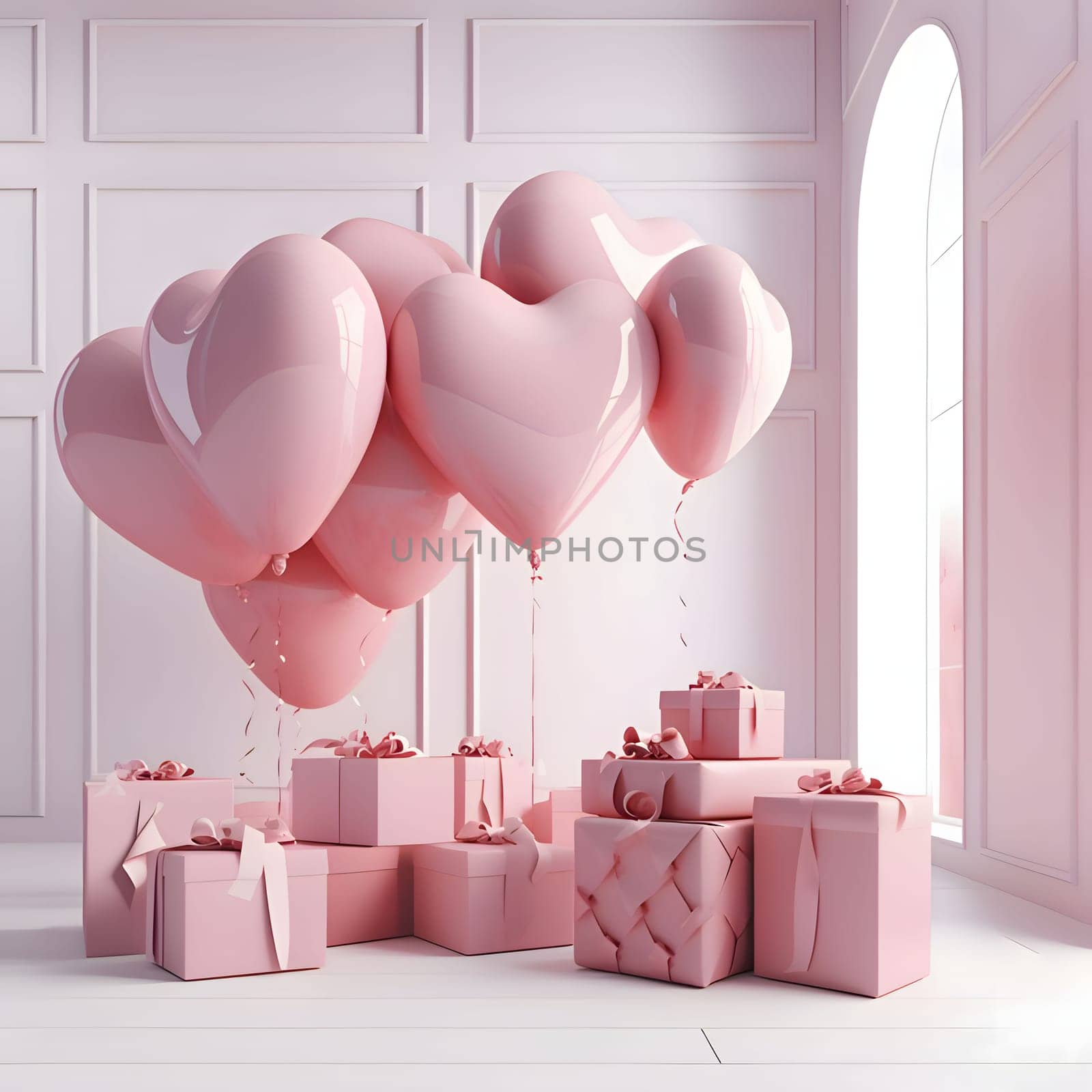 Gifts with pink bows around pink and white hearts and heart-shaped balloons. Heart as a symbol of affection and love. The time of falling in love and love.
