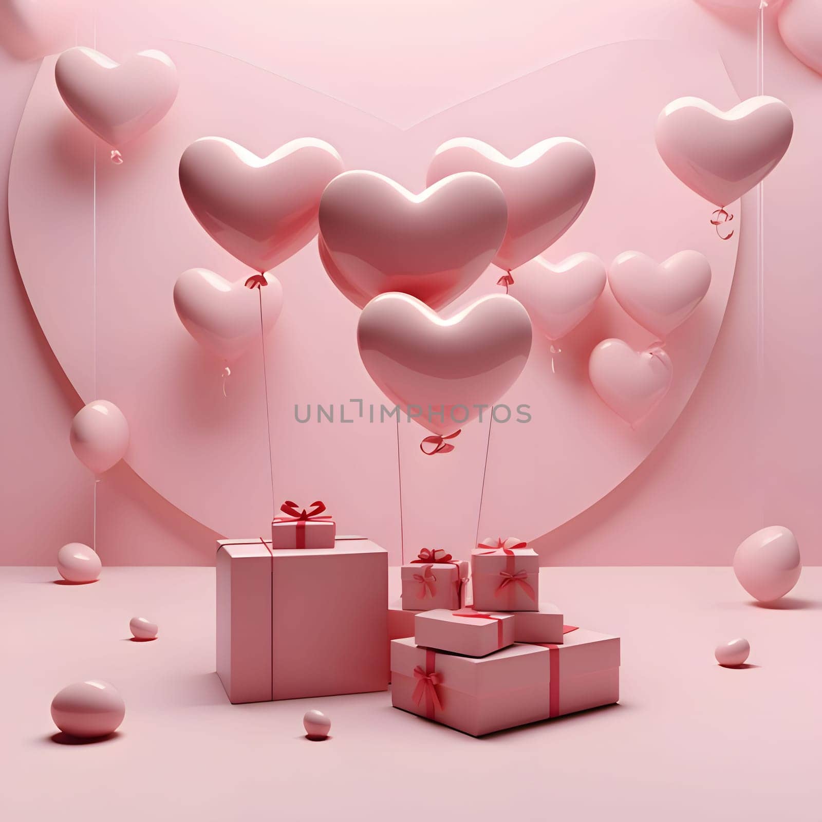 Gifts with pink bows around pink and white hearts and heart-shaped balloons. Heart as a symbol of affection and love. The time of falling in love and love.