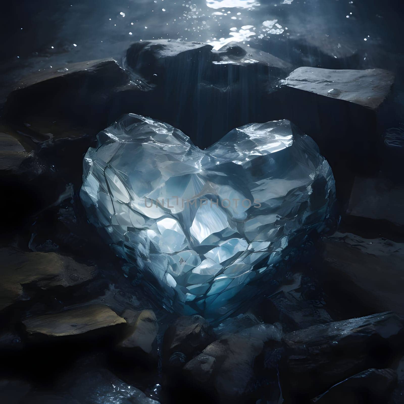 Blue heart of cracked thick stones in the middle of dark boulders. Heart as a symbol of affection and love. The time of falling in love and love.