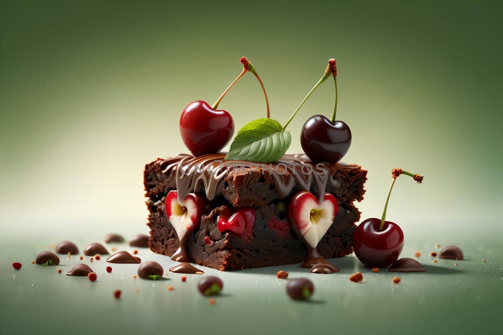 brownie cake with chocolate and cherry, glazed .