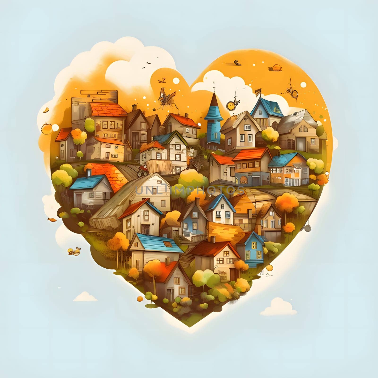 Heart made of tiny, tree houses, orange background. Heart as a symbol of affection and love. The time of falling in love and love.