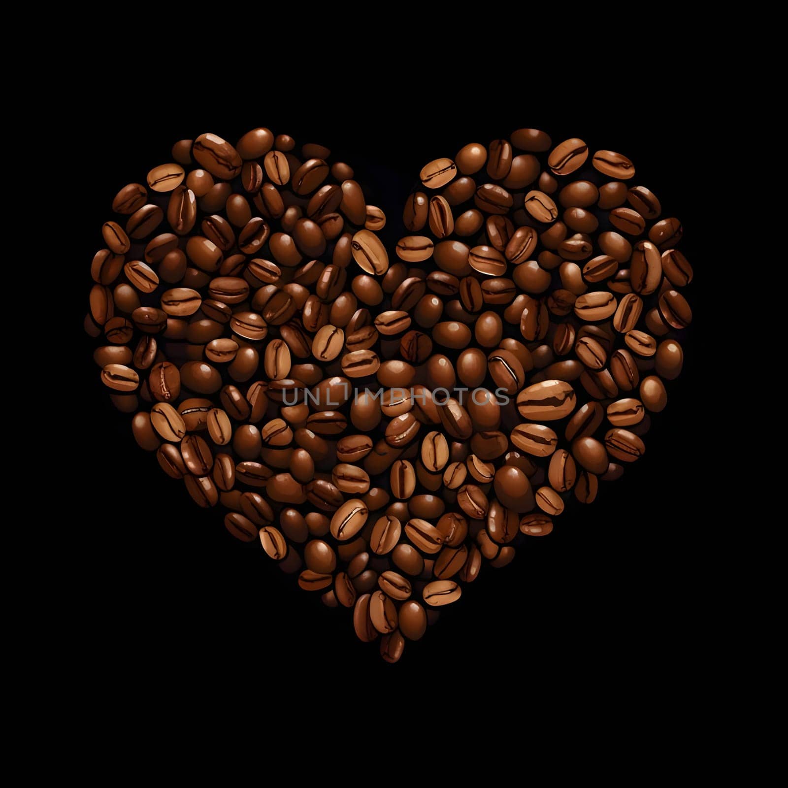 Heart made of coffee beans isolated black background. Heart as a symbol of affection and love. The time of falling in love and love.