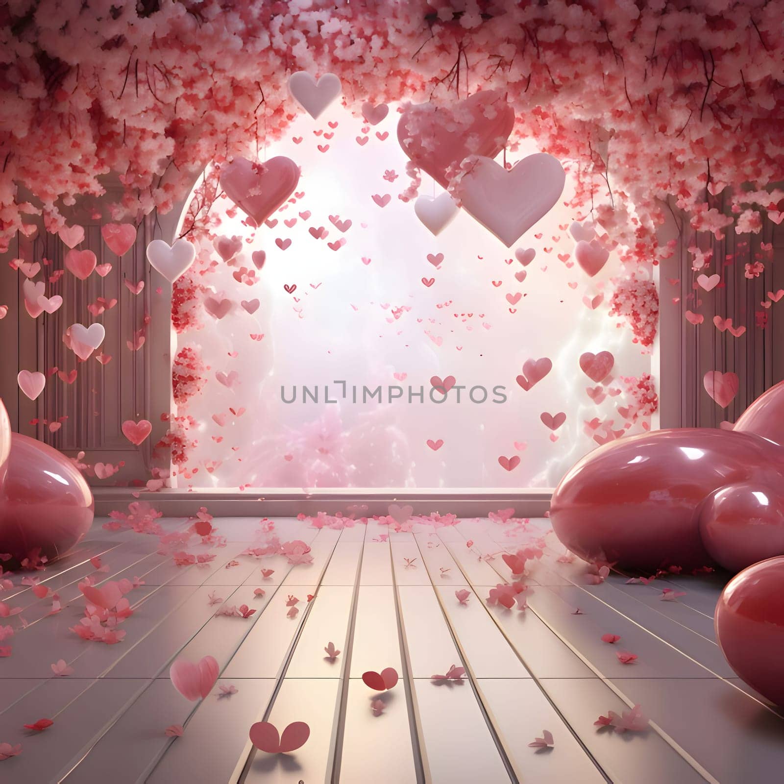 Pink hearts, cherry blossoms inside the room. Heart as a symbol of affection and love. The time of falling in love and love.