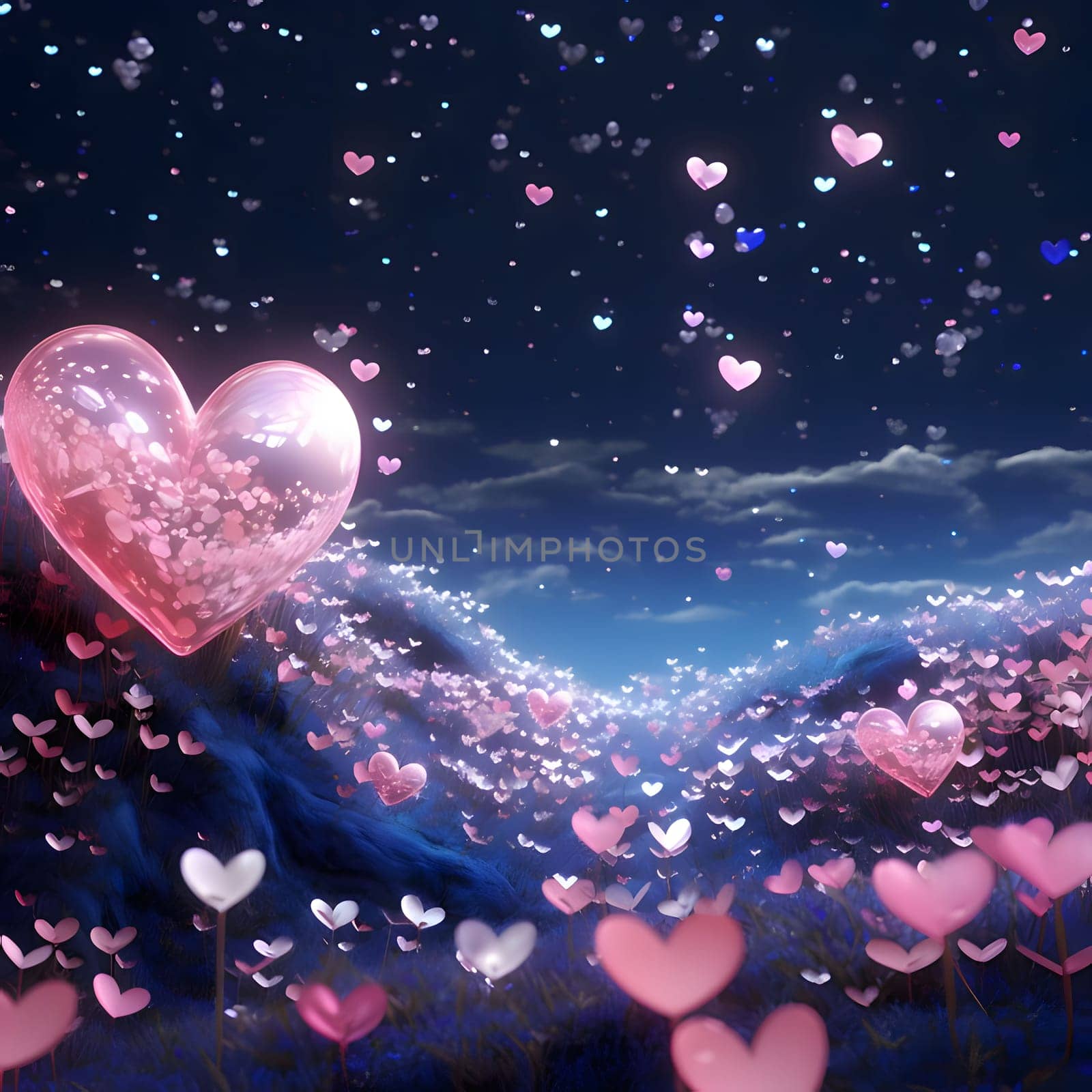 Flowers with pink hearts, at night in the clearing and sky. Heart as a symbol of affection and love. The time of falling in love and love.