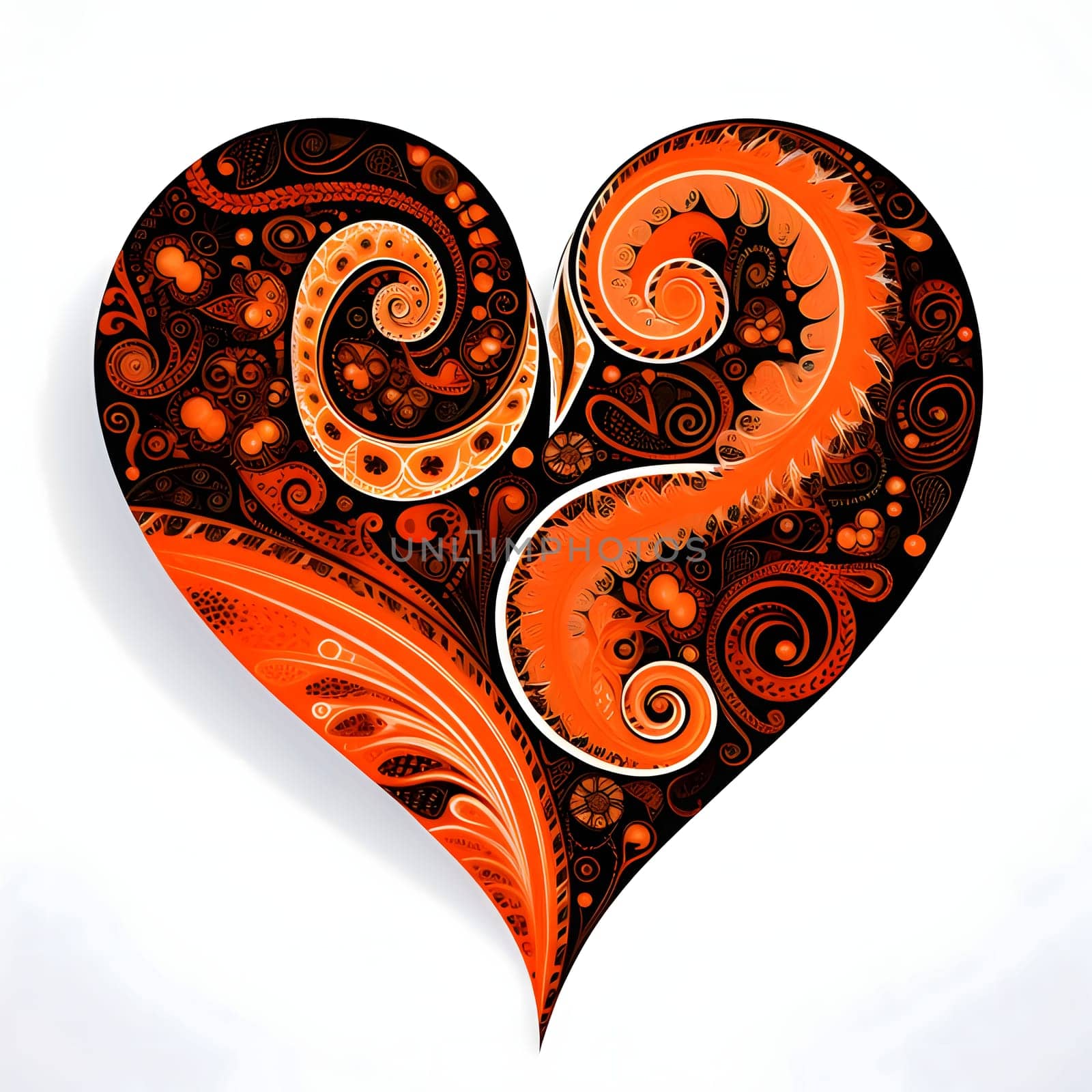 Abstract orange heart with decorative patterns white background. Heart as a symbol of affection and love. The time of falling in love and love.