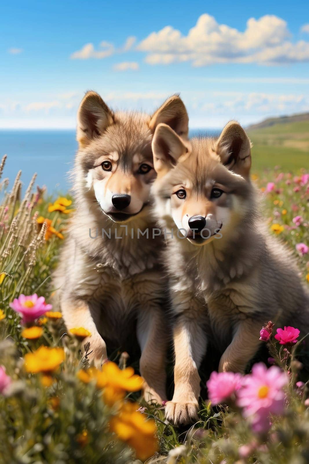 Two alaskan malamute puppies sitting on the flower field. Generative AI.