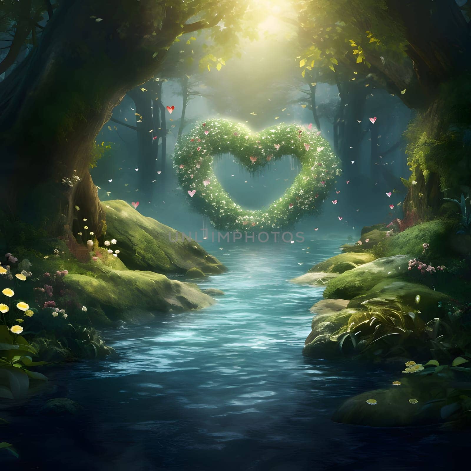 Green heart in the middle of the forest flowing river. Heart as a symbol of affection and love. The time of falling in love and love.