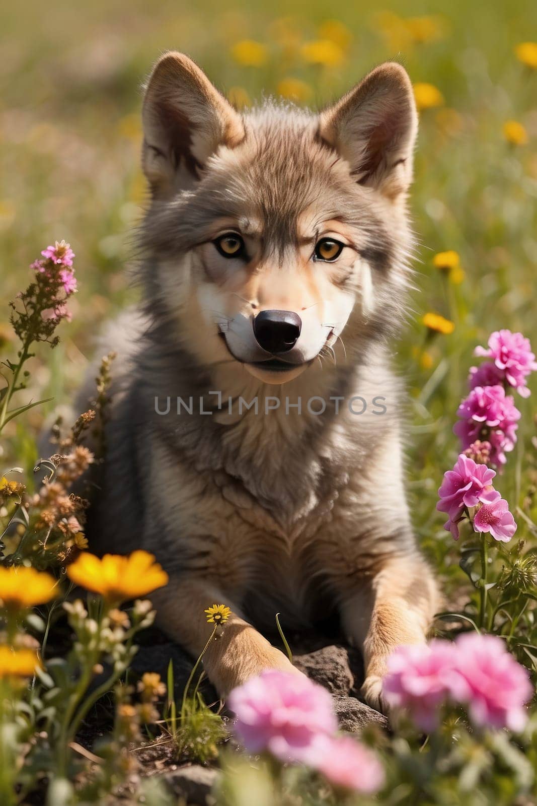 Alaskan Malamute puppy sitting in a flower meadow by Waseem-Creations