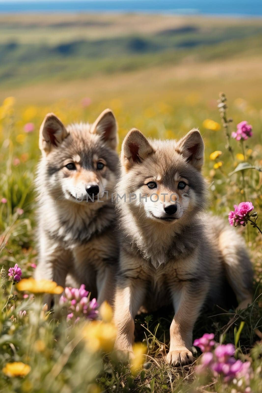 Portrait of two cute alaskan malamute puppies in the meadow. Generative AI.