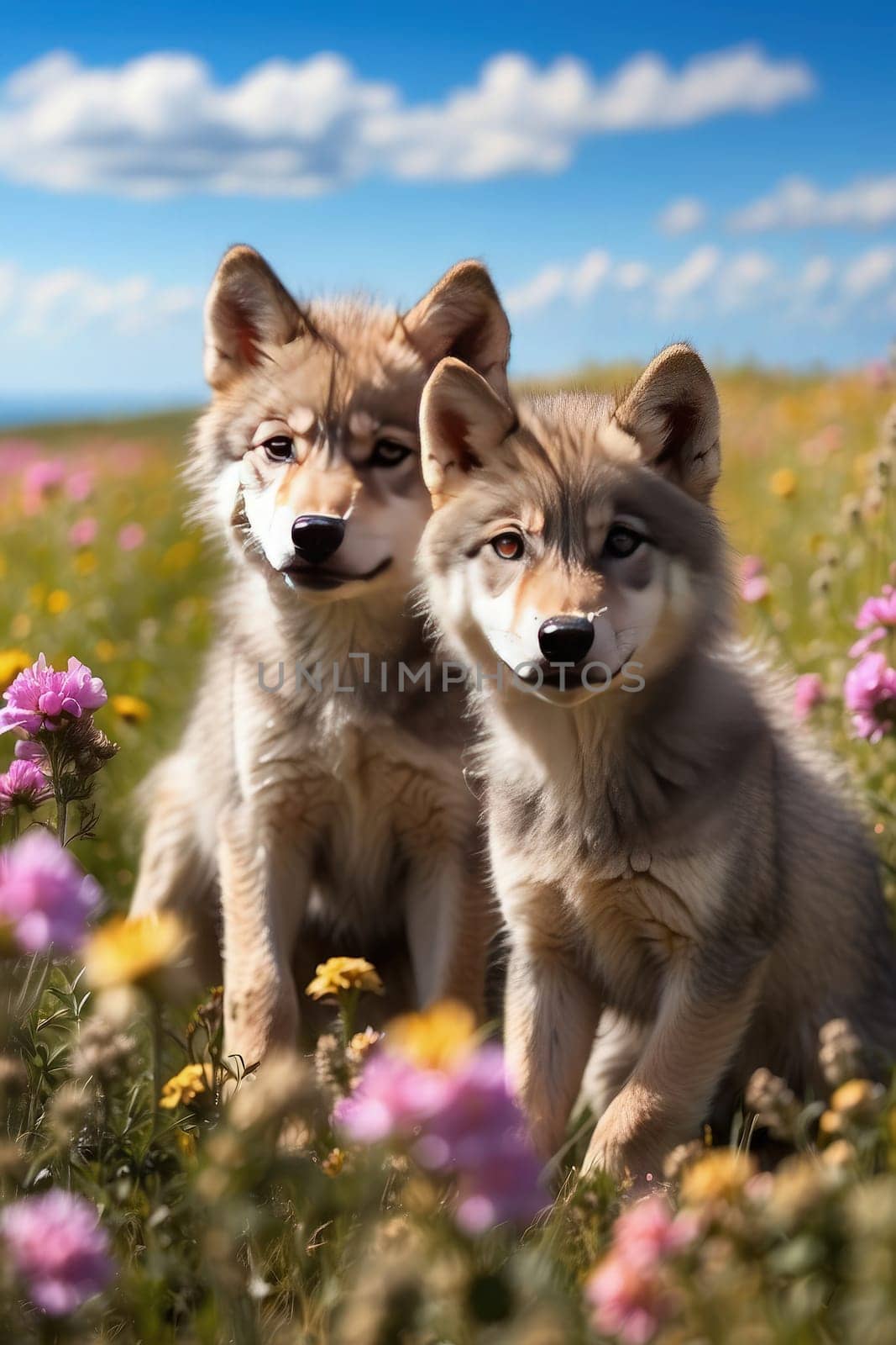 Two cute alaskan malamute puppies sitting in flower field. Generative AI.