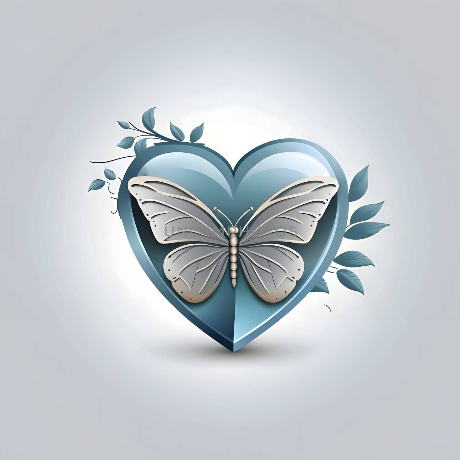 Bright blue heart with butterfly and leaves. Heart as a symbol of affection and love. The time of falling in love and love.