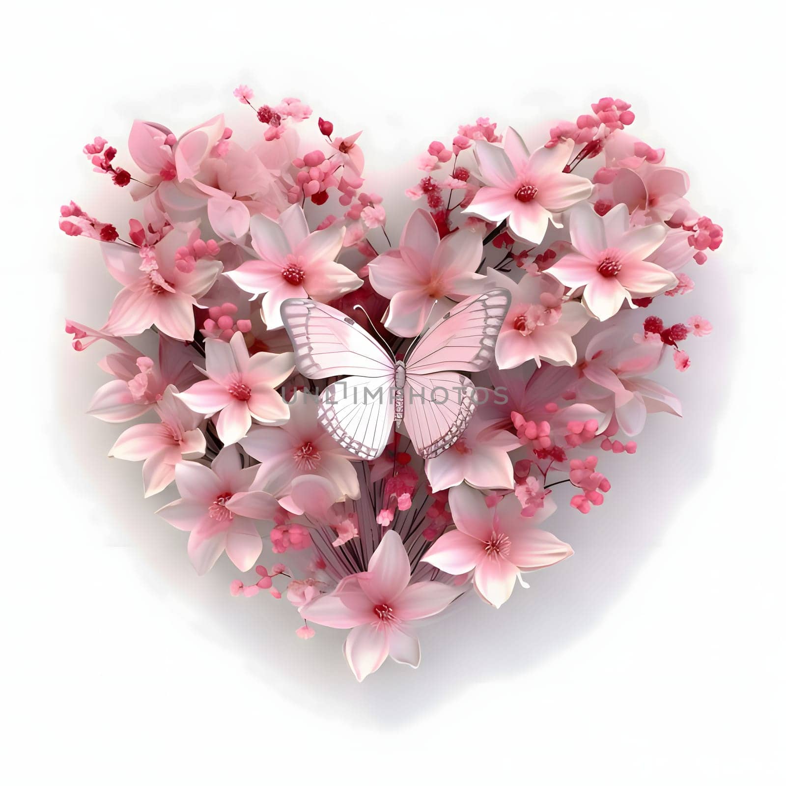 White and pink flowers, cherry blossoms and butterflies forming a heart on a white isolated background. Heart as a symbol of affection and love. The time of falling in love and love.