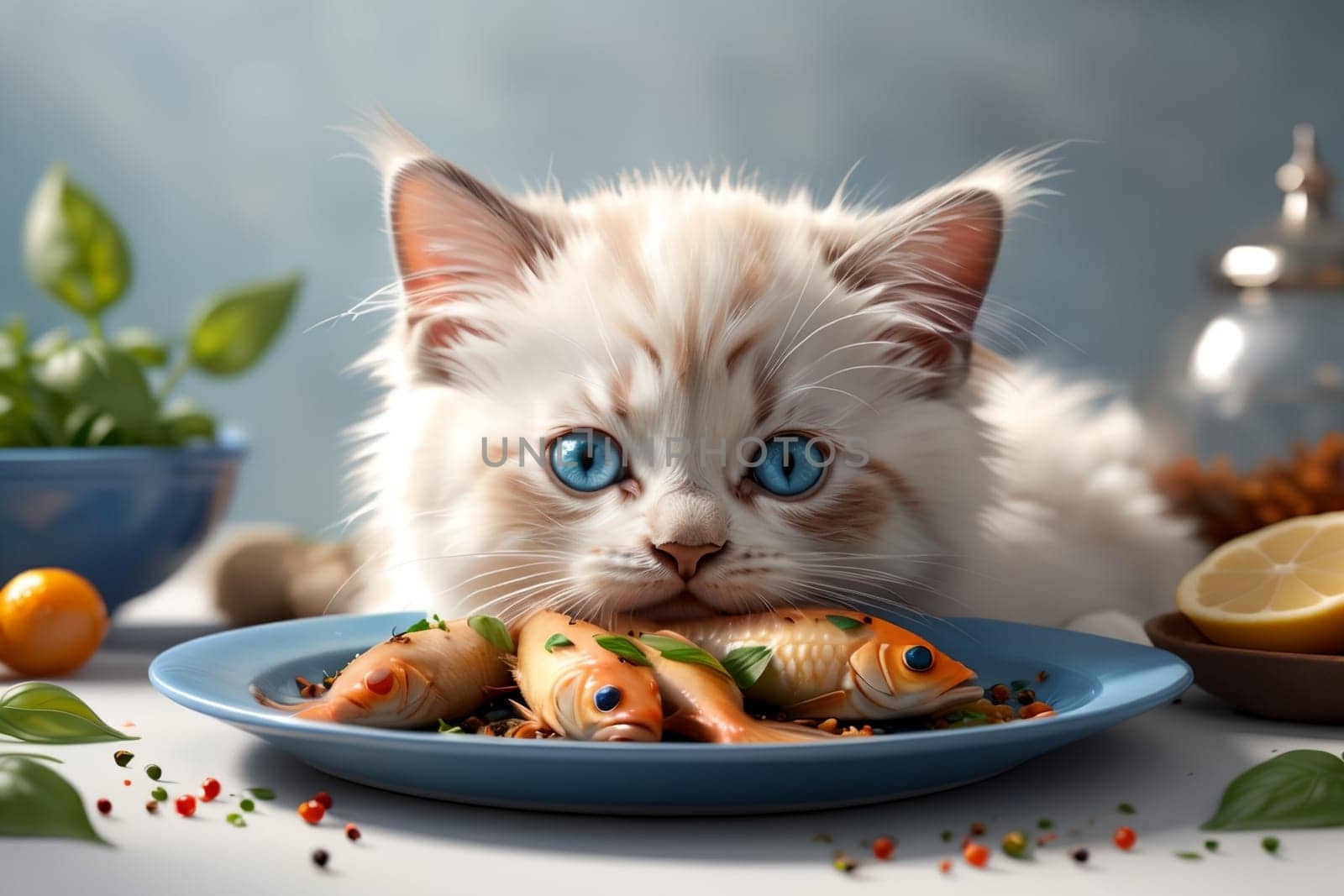 cute Ragdoll kitten looking at fried fish in a plate, isolated on a white background .