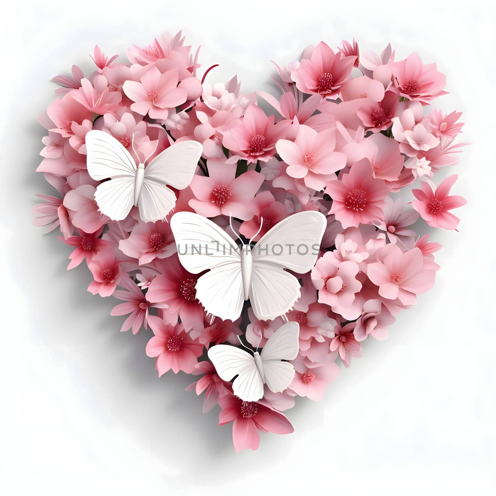 White and pink flowers, cherry blossoms and butterflies forming a heart on a white isolated background. Heart as a symbol of affection and love. The time of falling in love and love.