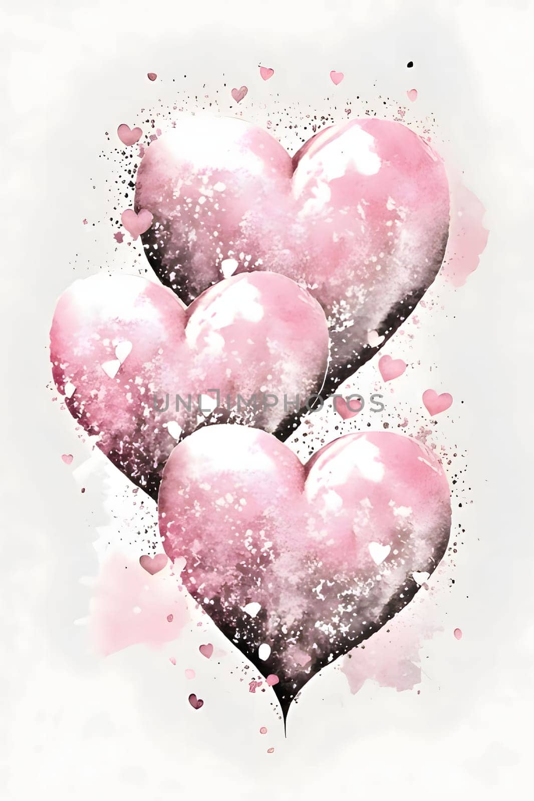 Three pink large hearts with small colored hearts, white isolated background, watercolor paint. Heart as a symbol of affection and love. by ThemesS