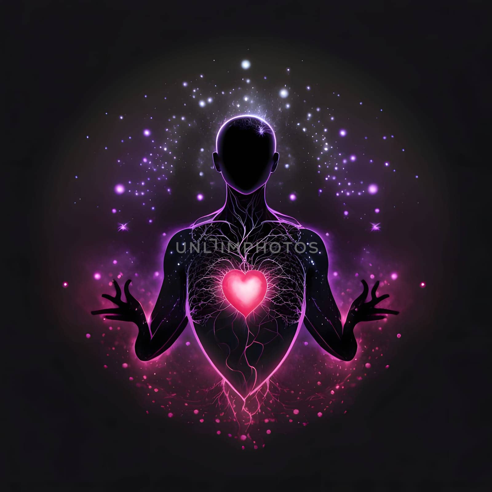 Silhouette of a man in the middle of the chest, red heart, dust all around black background. Heart as a symbol of affection and love. The time of falling in love and love.