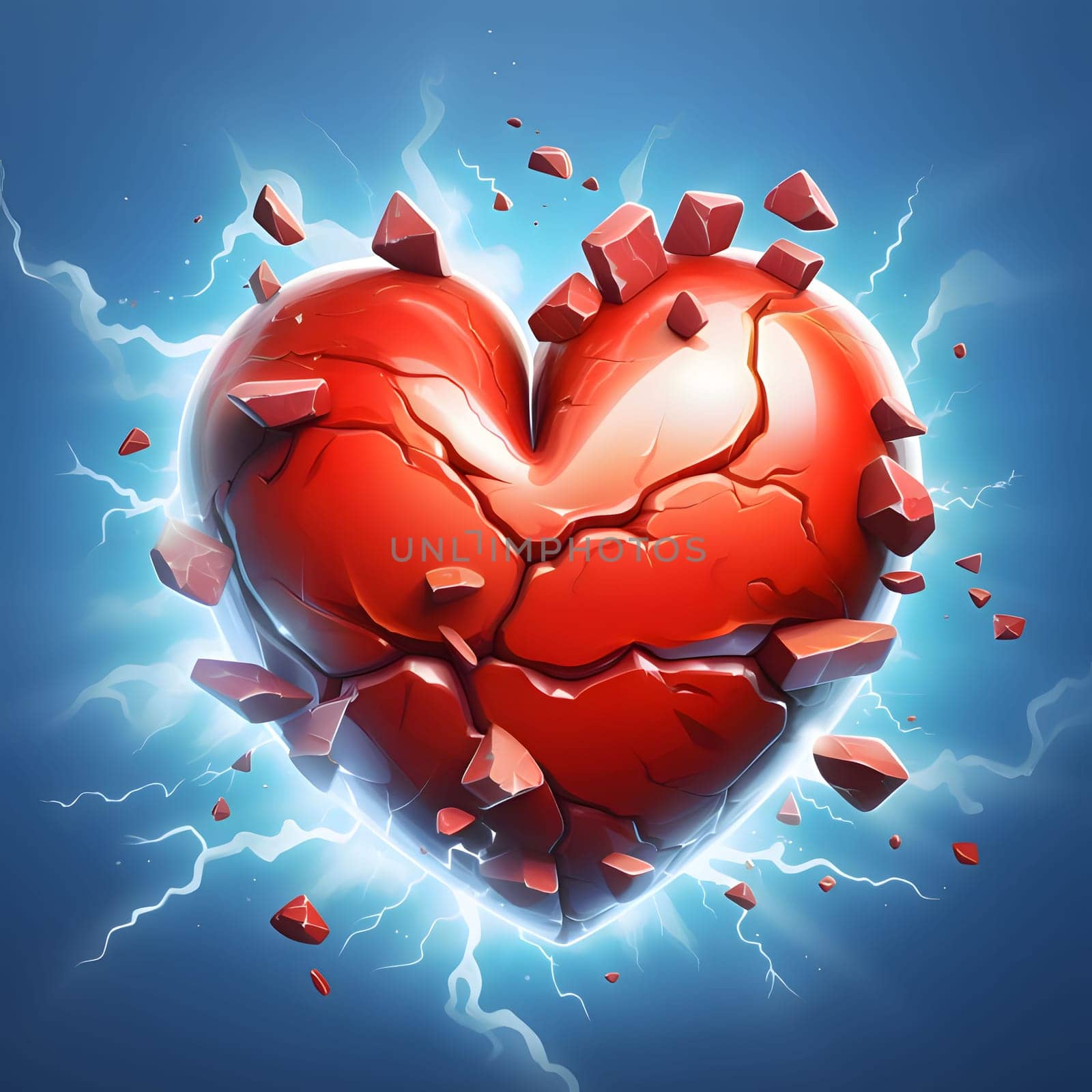 Cracking big red heart, chipping shards blue background. Heart as a symbol of affection and love. The time of falling in love and love.